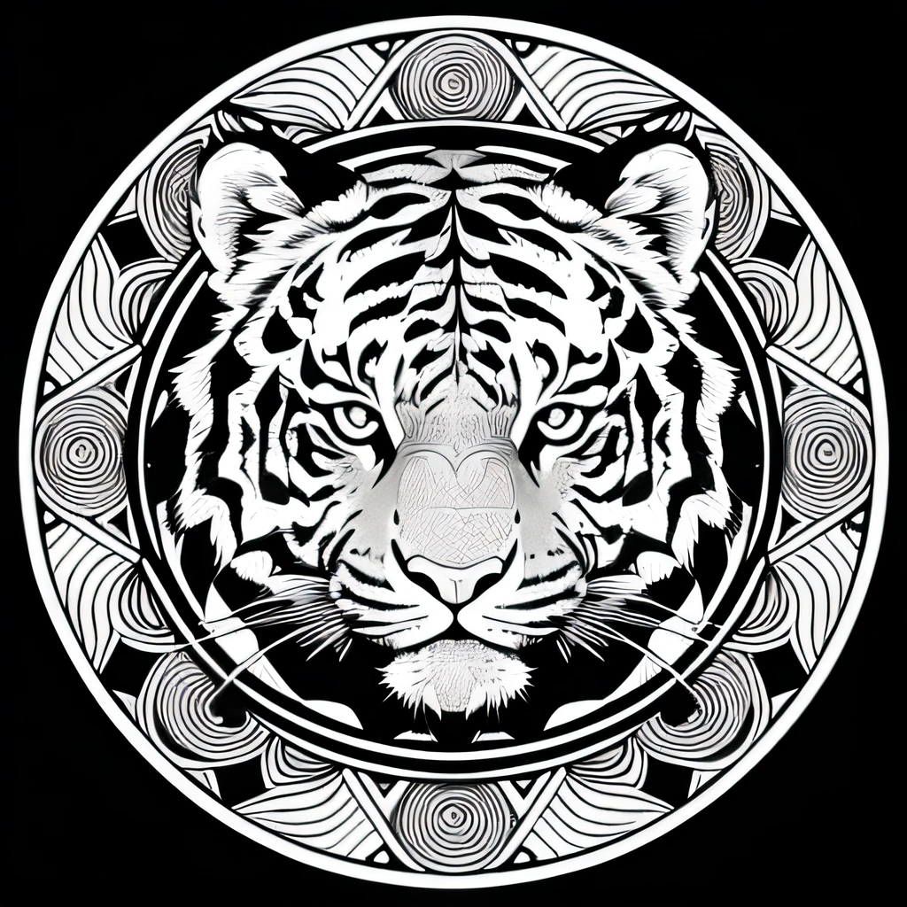Tiger Center Potreit, Frontal Face、Black and white, kawaii、Zentangle、((Tiger face in a circle))、 (Best Quality) ,Monotonous line art, Coloring book illustration style, simple line art, very detailed illustration, Perfect composition, Beautiful and stunning shades are clearly drawn, Unique style, Black and white details, (Tiger character)
