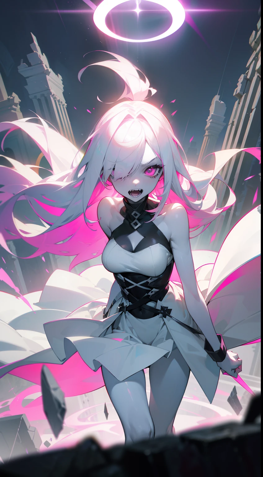 1girl,mature female,solo focus,glowing magenta eye,colored sclera,white hair, long hair,(((pale skin,extremy white skin,hair over one eye,halo pink))), sharp teeth, open mouth,(((medium breasts,glossy body))),((white bra,white bikini,show belly,hidden arms,hidden hands, white skirt,bare feet)),(((villain,psycho,villain smile, psychopath))),(((floating in front a stones ruins in night,))),masterpiece,hd,best quality,8k,detailed face