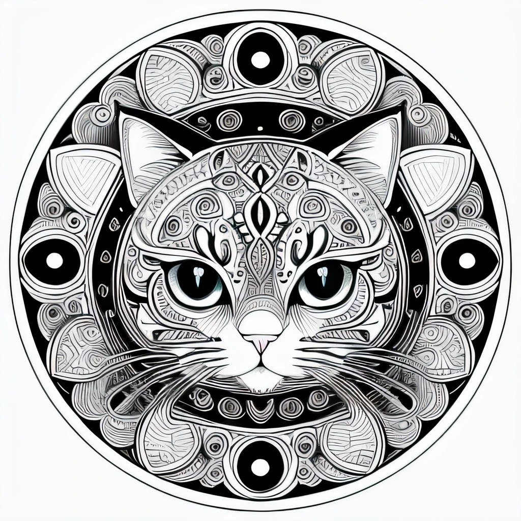 Cat Center Potreit, Frontal Face、Black and white, kawaii、Zentangle、((Cat face in a circle))、 (Best Quality) ,Monotonous line art, Coloring book illustration style, simple line art, very detailed illustration, Perfect composition, Beautifully and stunning shades clearly draw, Unique style, Black and white details, (Cat character)