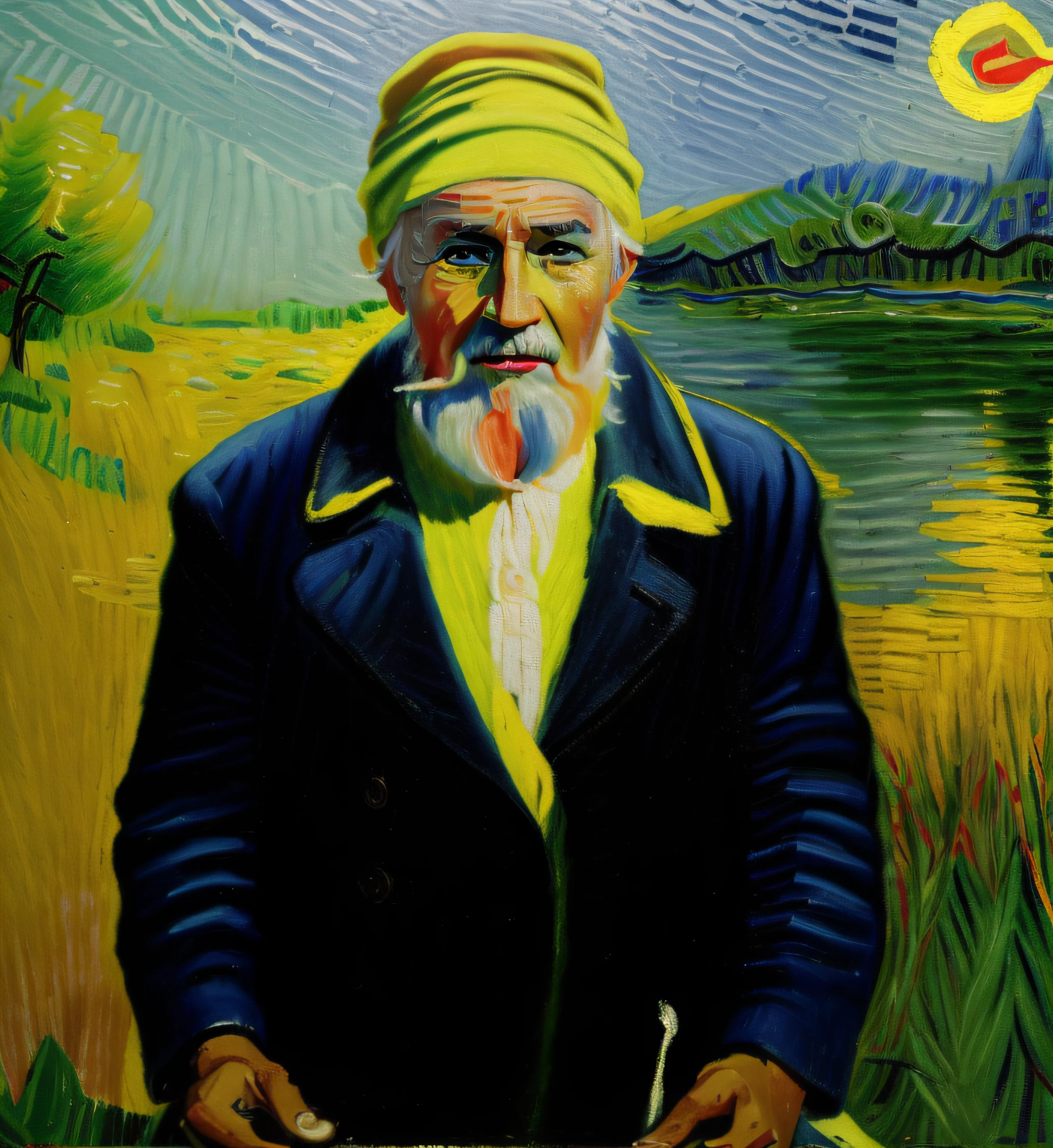 (best quality,ultra-detailed,realistic:1.37),beautiful vibrant colors,lively blue and yellow,old man with a cap in a field