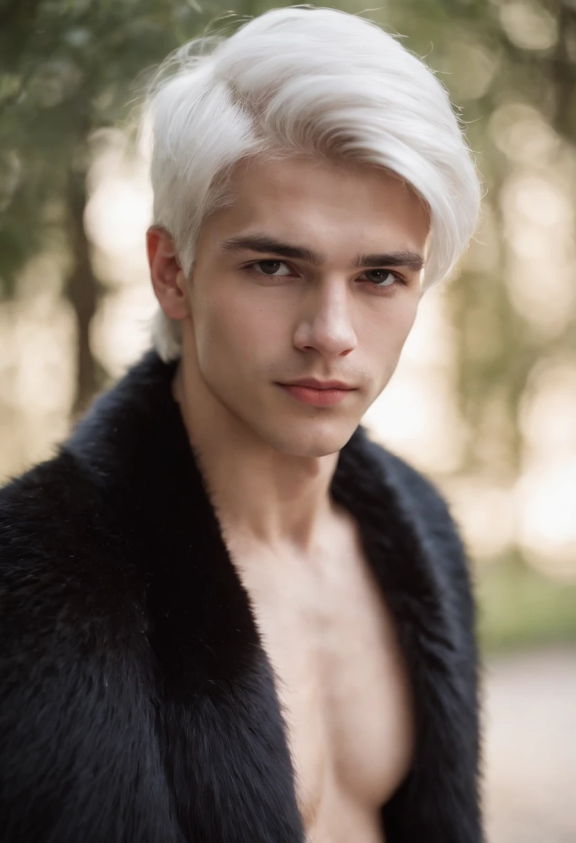 Young man, 20 years old, white hair, shirtless, wearing a black fur coat
