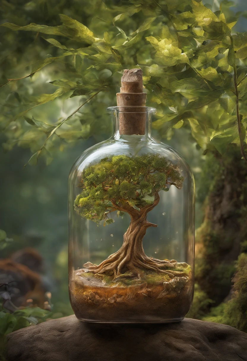 A dreamy tree of art in a bottle, fluffy, realistic, photographs, Canon, dreamy, artistic, brilliant leaves and branches, with flowers above my head. Greg Rutkowski's Ultra Detailed Photo Realism - H1024W 804 | F16 Lens Markers 2:2S 3555mm Film Particles: 1 Lifelike High Resolution Sharp Focus Contrast!! Intricate and detailed atmospheric refractive lighting of Unreal Engine 5 movie concept photography masterpiece Octane renders trends on CGSociety