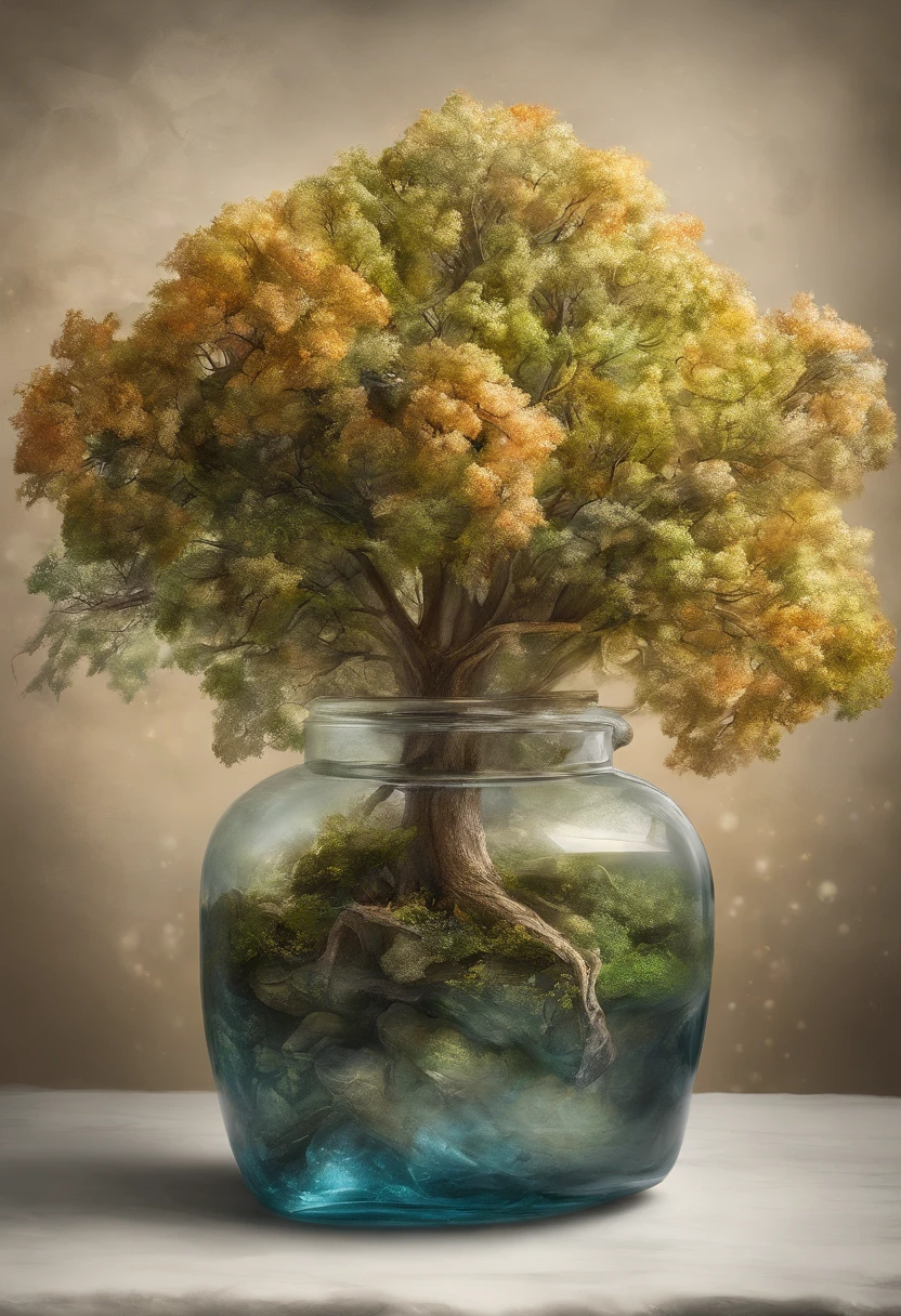 A dreamy tree of art in a bottle, fluffy, realistic, photographs, Canon, dreamy, artistic, brilliant leaves and branches, with flowers above my head. Greg Rutkowski's Ultra Detailed Photo Realism - H1024W 804 | F16 Lens Markers 2:2S 3555mm Film Particles: 1 Lifelike High Resolution Sharp Focus Contrast!! Intricate and detailed atmospheric refractive lighting of Unreal Engine 5 movie concept photography masterpiece Octane renders trends on CGSociety