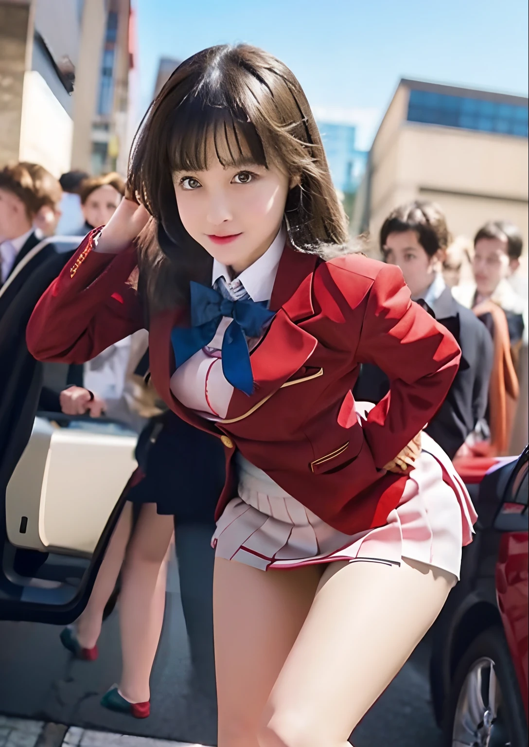 girl in a short skirt and red blazer posing for a picture, a hyperrealistic schoolgirl, seductive girl, hyperrealistic schoolgirl, beautiful high school girl, attractive girl, detailed, ecchi style