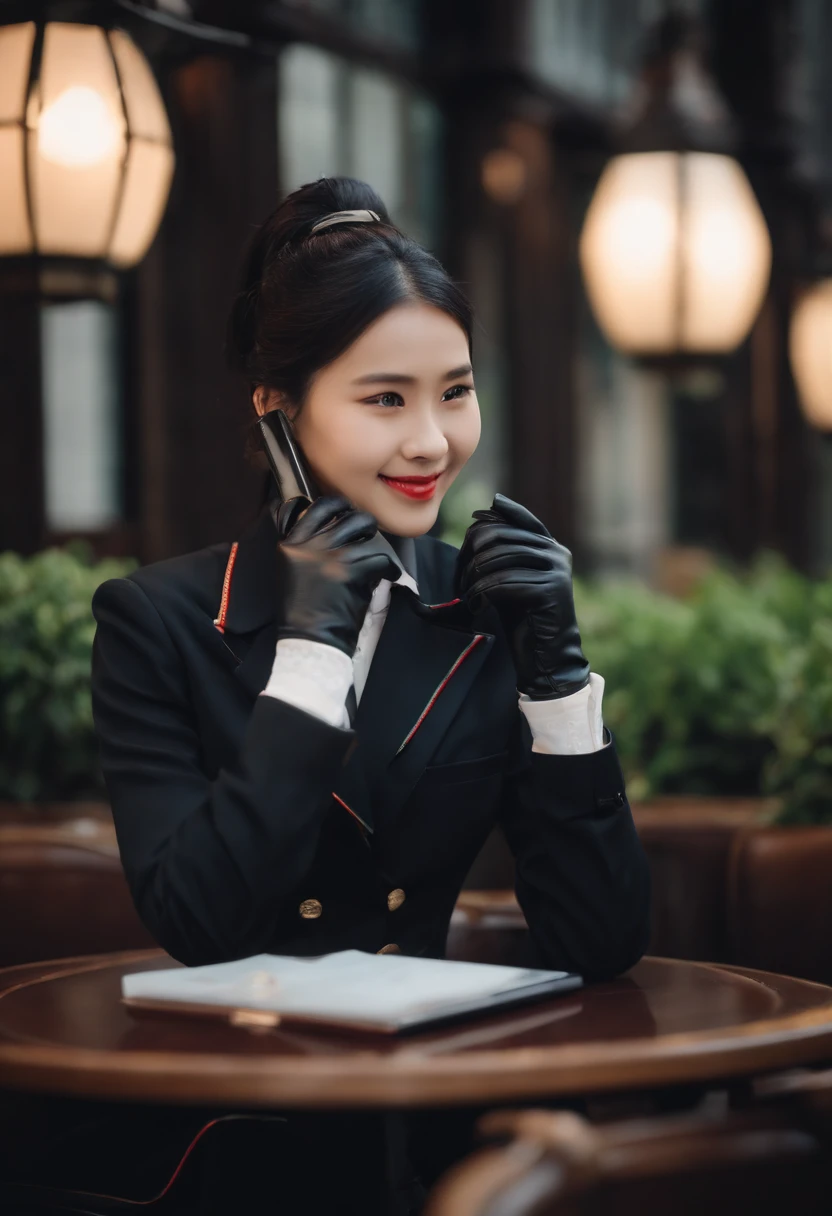 Black leather gloves in both hands, blazer and ribbon uniform, black hair ponytail, upper body, conversation with a smile with a black smartphone, cute Japanese girl (black leather gloves covering both hands) traveling alone