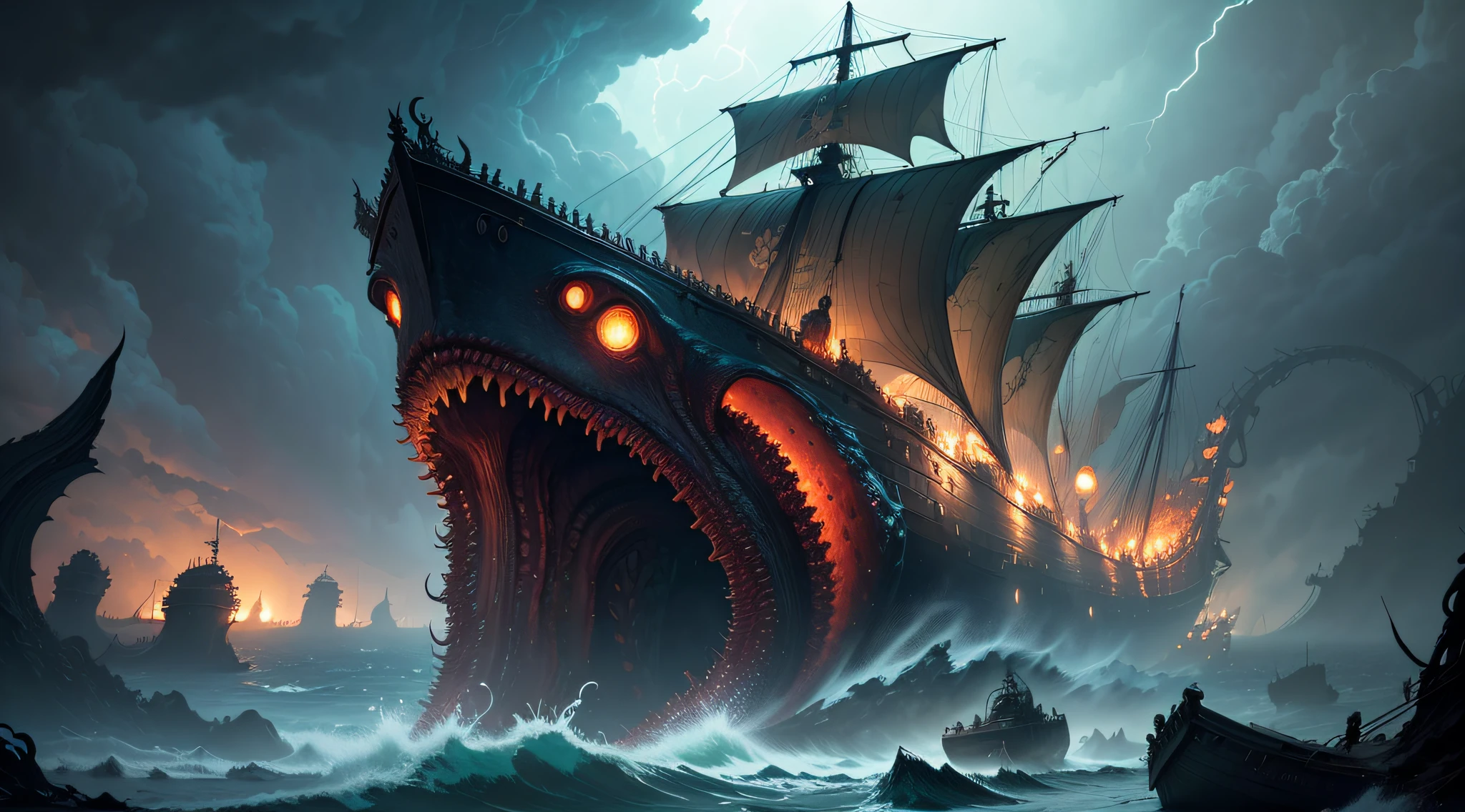 1 giant Cthulhu , crawl, fantasy, ocean,boat, ship, blood, tangled, cinematic lighting , storm, (photorealistic, detailed, realistic, by Adrian Smith, Jason Edmiston Jean-Baptiste Mongem , Joao Ruas , John Berkey )