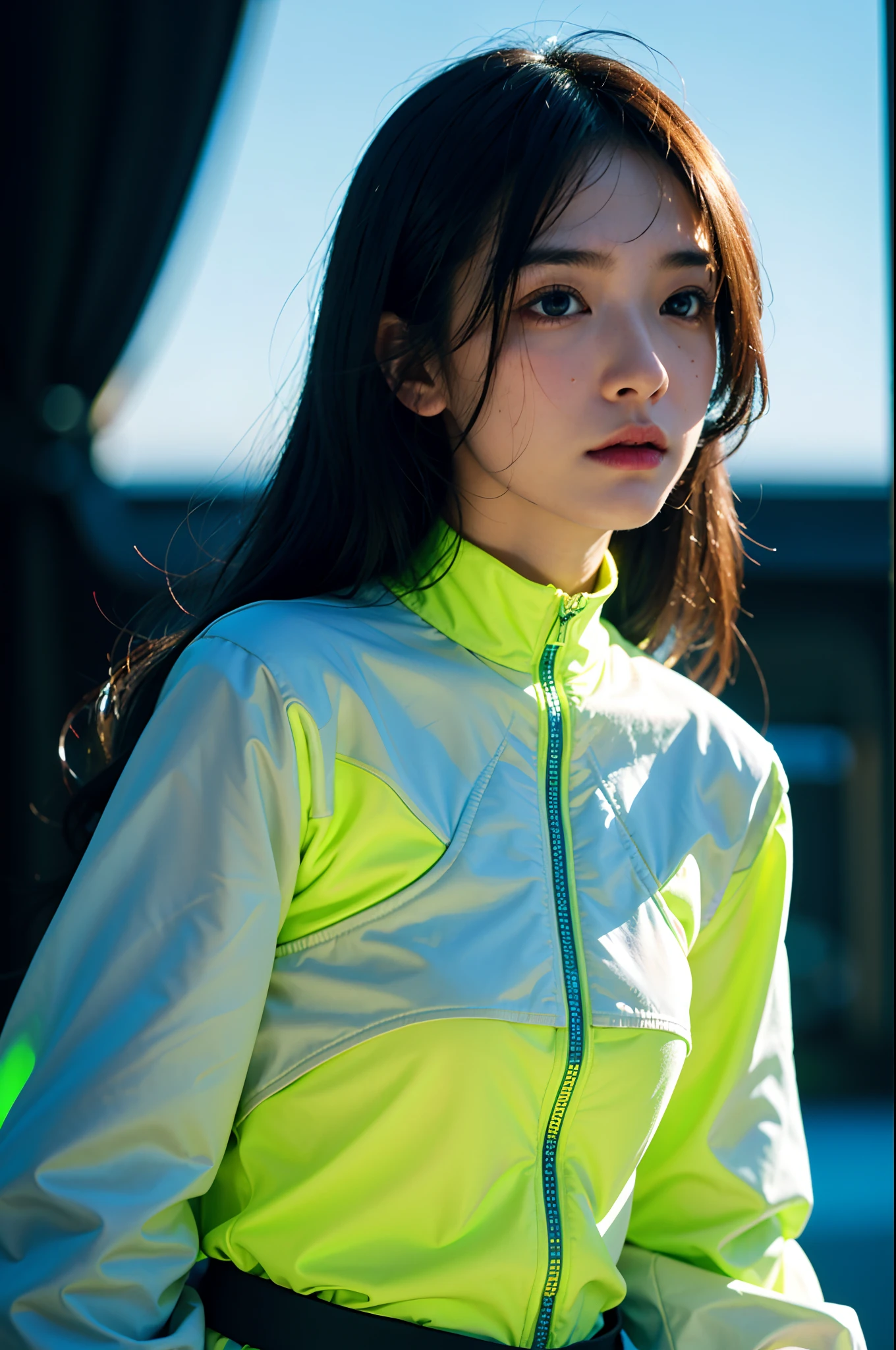 (Small grain:0.5), motion picture, 1girl, outer space, detailed eyes, detailed face, Futuristic clothing details, Lights in clothes, (concealment:1.1), (sideways glance:1.1), volumetric light, solitude, light, Red fluorescent profile, Green Fluorescent Profile, Blue Fluorescent Profile