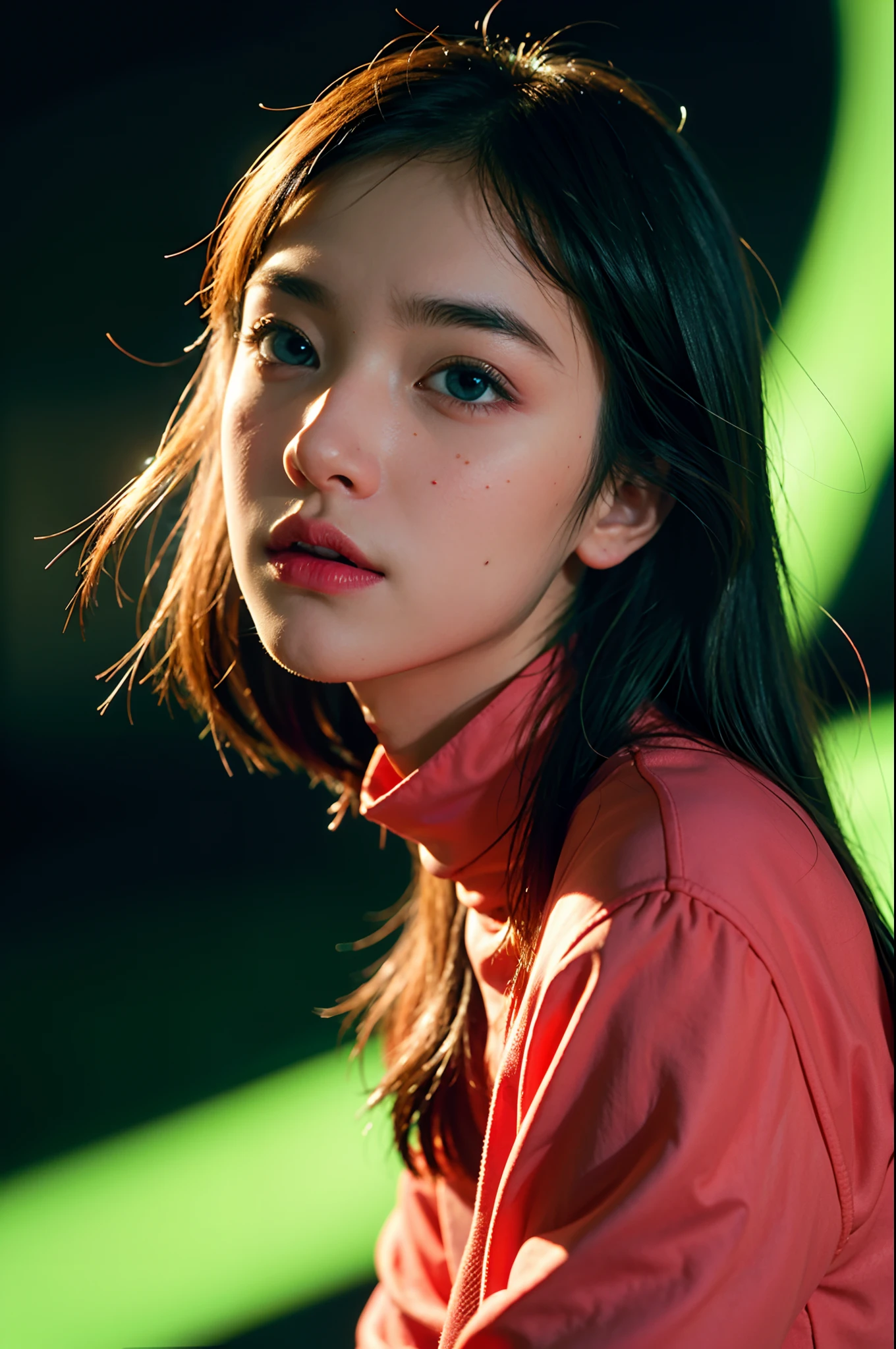 (Small grain:0.5), motion picture, 1girl, outer space, detailed eyes, detailed face, Futuristic clothing details, Lights in clothes, (concealment:1.1), (sideways glance:1.1), volumetric light, solitude, light, Red fluorescent profile, Green Fluorescent Profile, Blue Fluorescent Profile