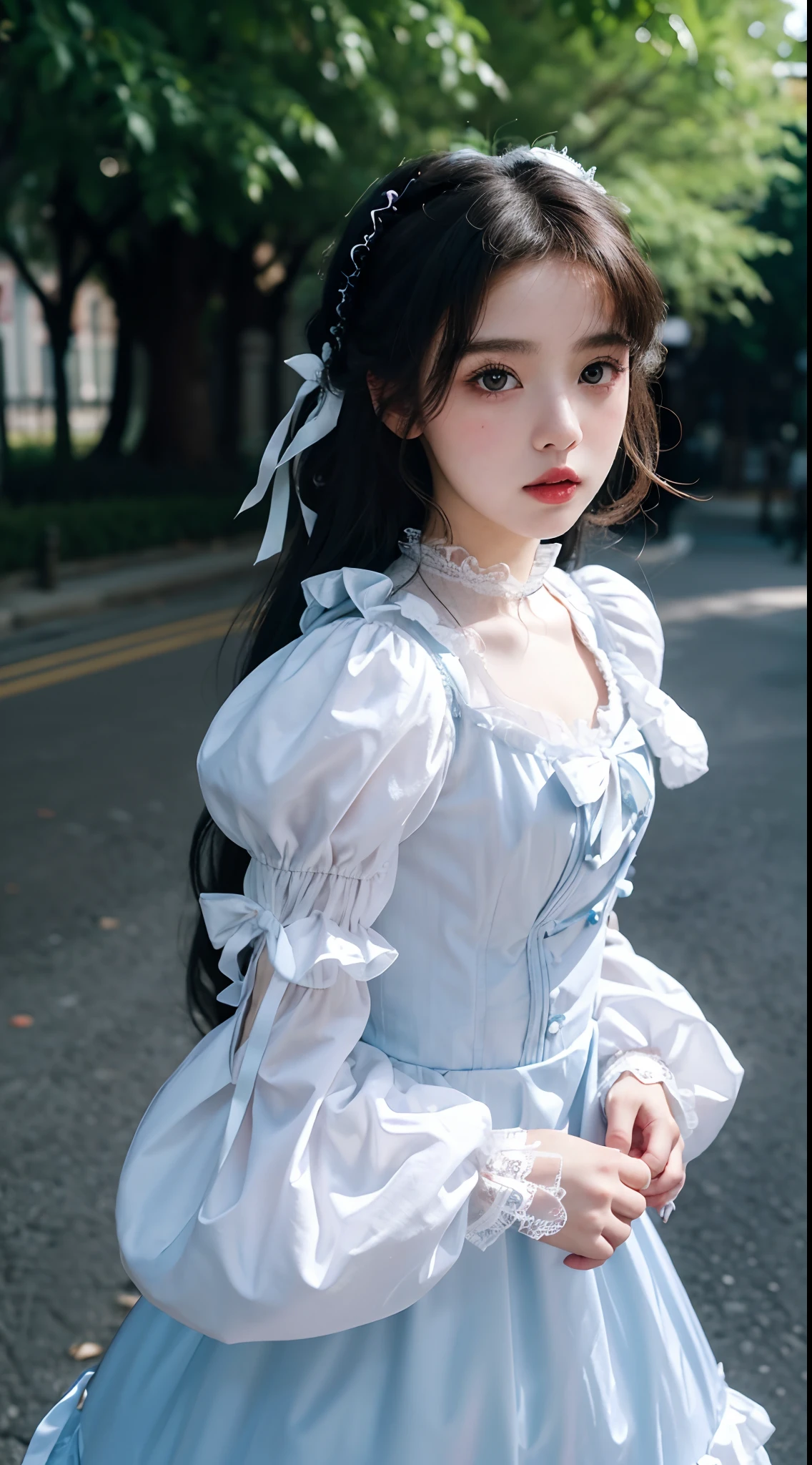 (Best quality,16k,High resolution photography:1.2), Lolita style, Wearing Lolita clothes, (Lolita style clothing,Lace is included in the requirements、Elements such as bows and puff sleeves,And presents elegant and cute features),Korean and Japanese beautiful girls, Street background, Vibrant colors, Detailed eyes and lips, Ultra-fine painting, Sharp focus, Studio lighting