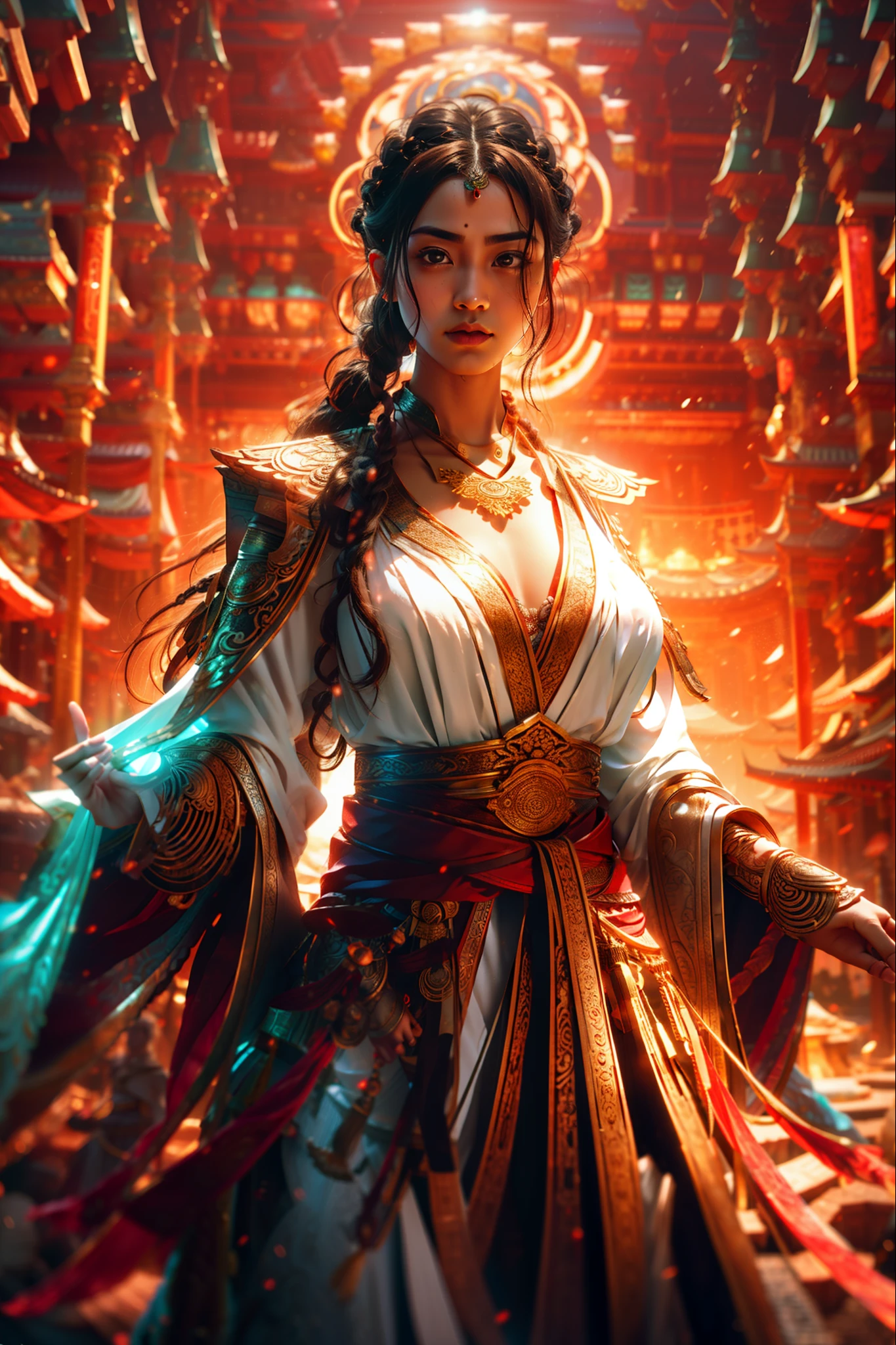 8k raw photo, photorealistic, film grain noise, soft cinematic light, rim light, looking at viewer, hiqcgbody, spotlight, Tom Bagshaw style a portrait nc4v4n1s 1girl, , finely detailed face, 5 digits fingers, long hair, red bindi, ttpt-fC, thick thighs, plump boobs, graceful pose, intricate details clothes, film grain noise, cleavage, jade necklace, (magic circle:0.8), xiuxian,