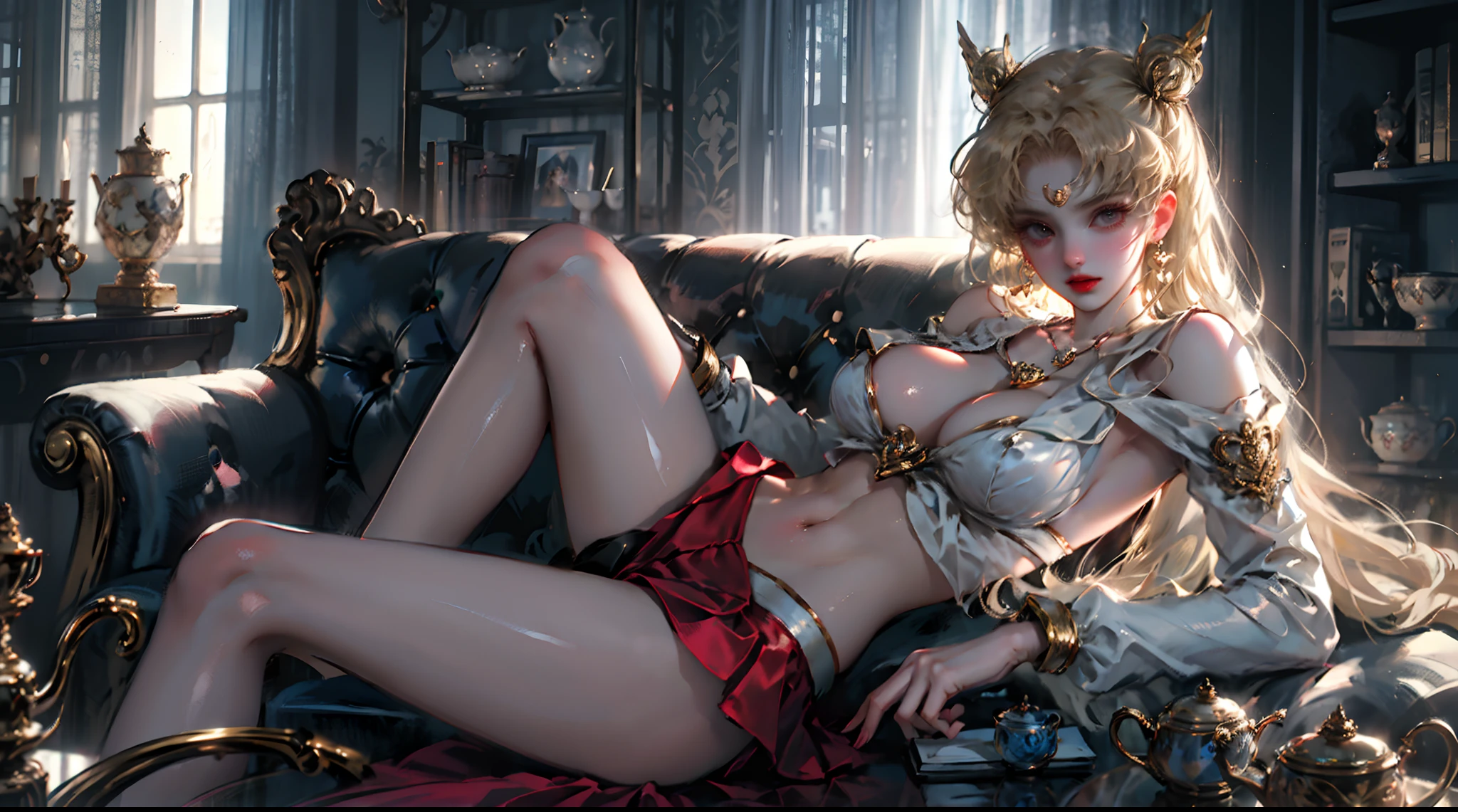 Sailor moon, sailor senshi, sailor uniform, in a large victorian luxury room, victorian couch, reflection, sexy, nsfw, very short skirt, panties, off shoulder, sexy pose, window, backlit, (rim light), deep cleavage, lust, sedutive, shyness, (smooth, skin reflecting light), long legs, (big breast), slim waist, perfect body, perfect hand, golden hair, sheer, red ribbon, jewelry, necklace, earring, tiara, book shelves, tea pot, low light photography, solo