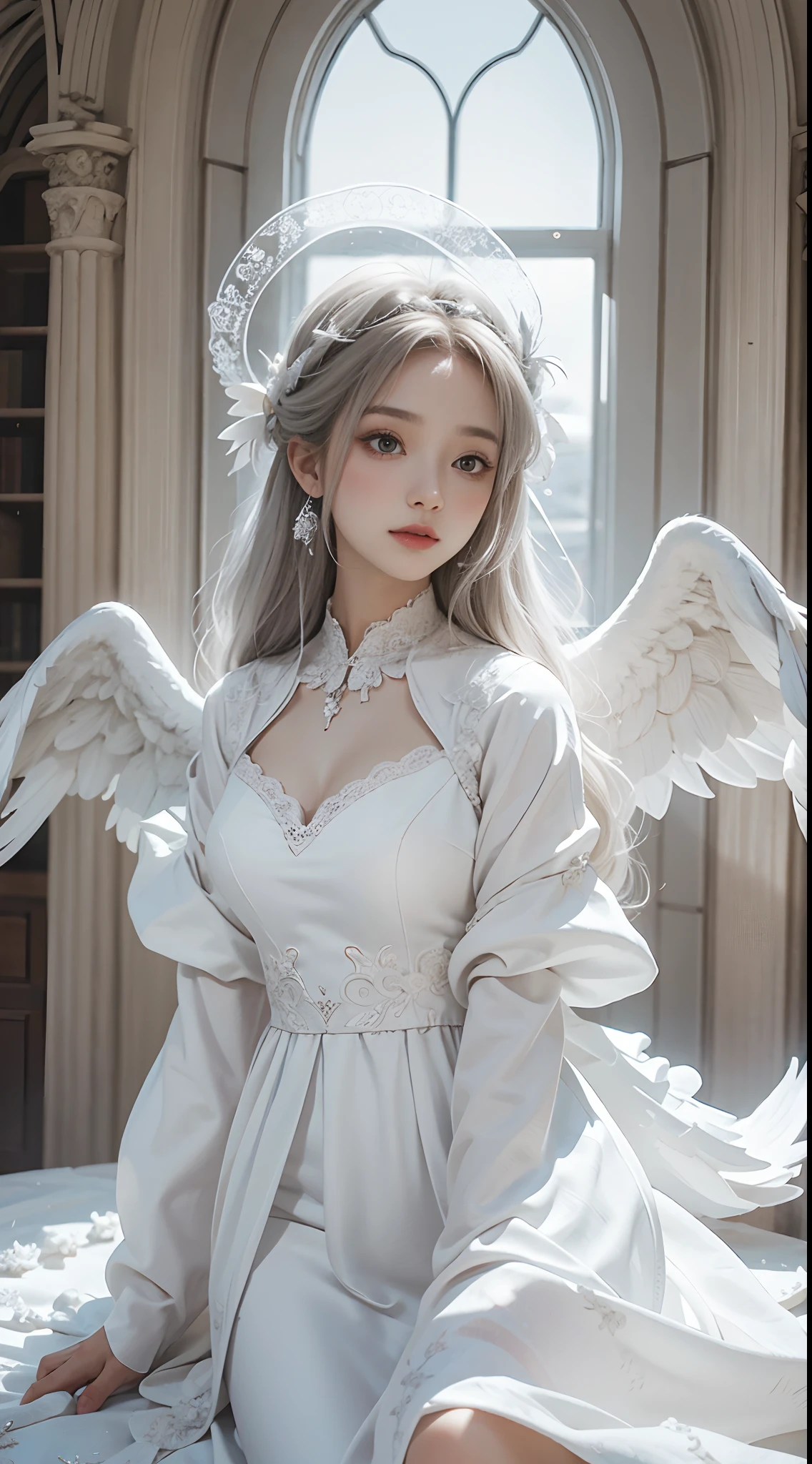 Beautiful angel in white dress, Art stands tall, Halo, White feathers