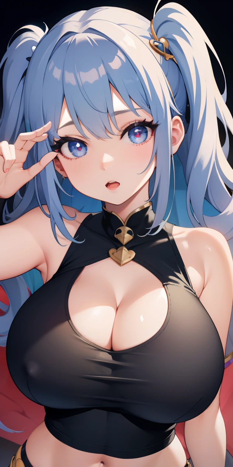 1girl in、Heart-shaped pupil、cute little、a beauty girl、huge tit、Tank tops、cleavage of the breast、Prominent nipples、silber hair