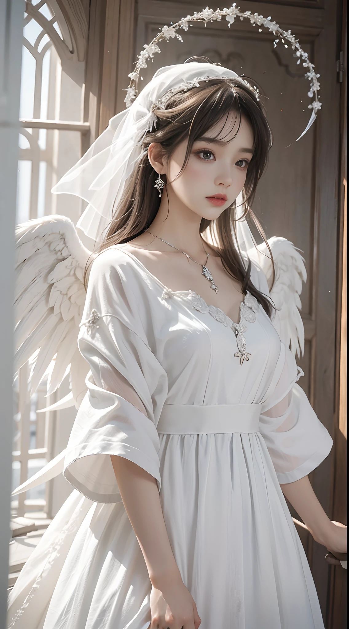 Beautiful angel in white dress, Art stands tall, Halo, White feathers