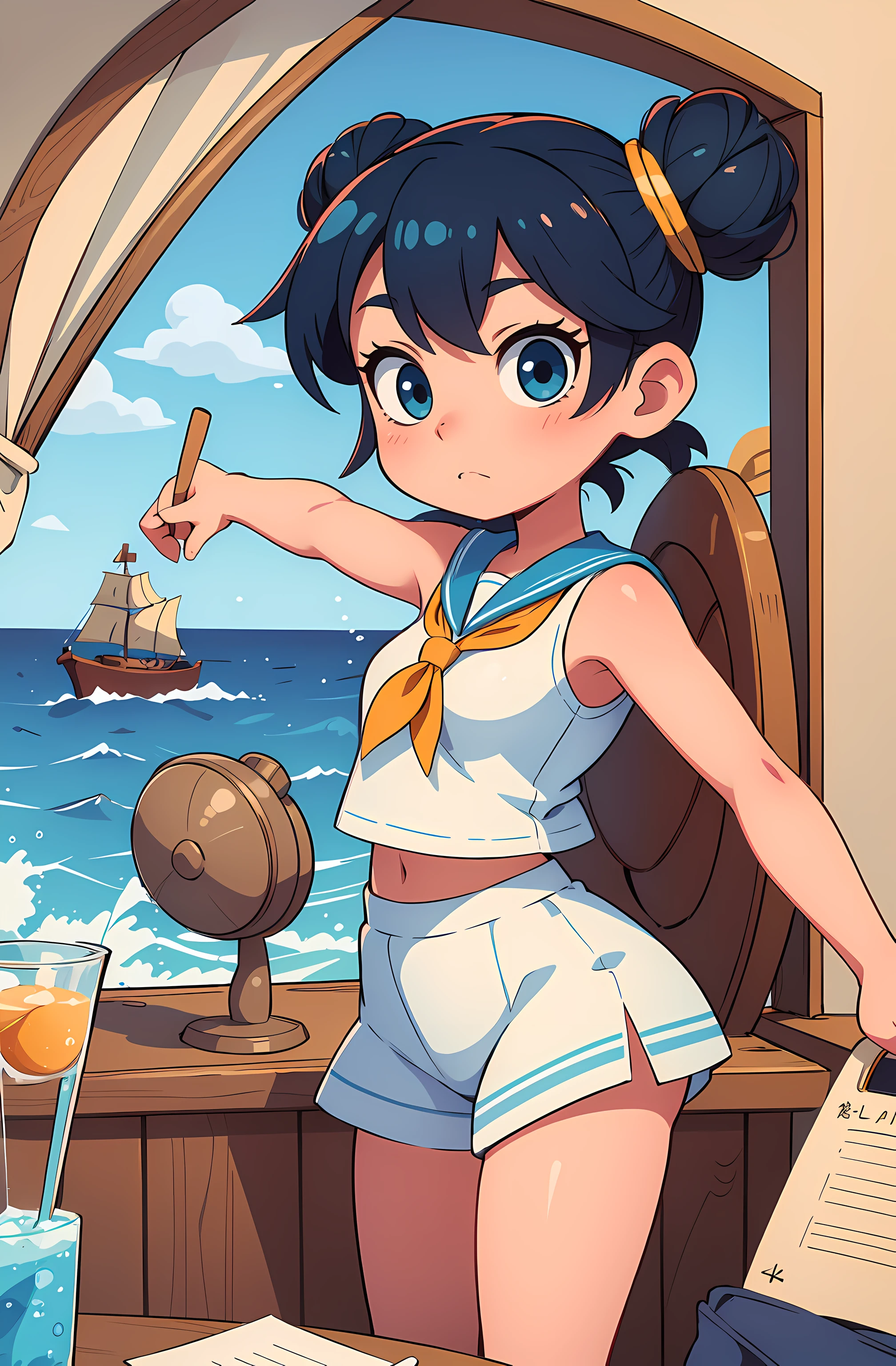 masterpiece,best quality,upper body,1girl, sailor,boat, ocean,colors,blue\(medium\),pillarboxed,double bun,wide-eyed,closed mouth,fisheye