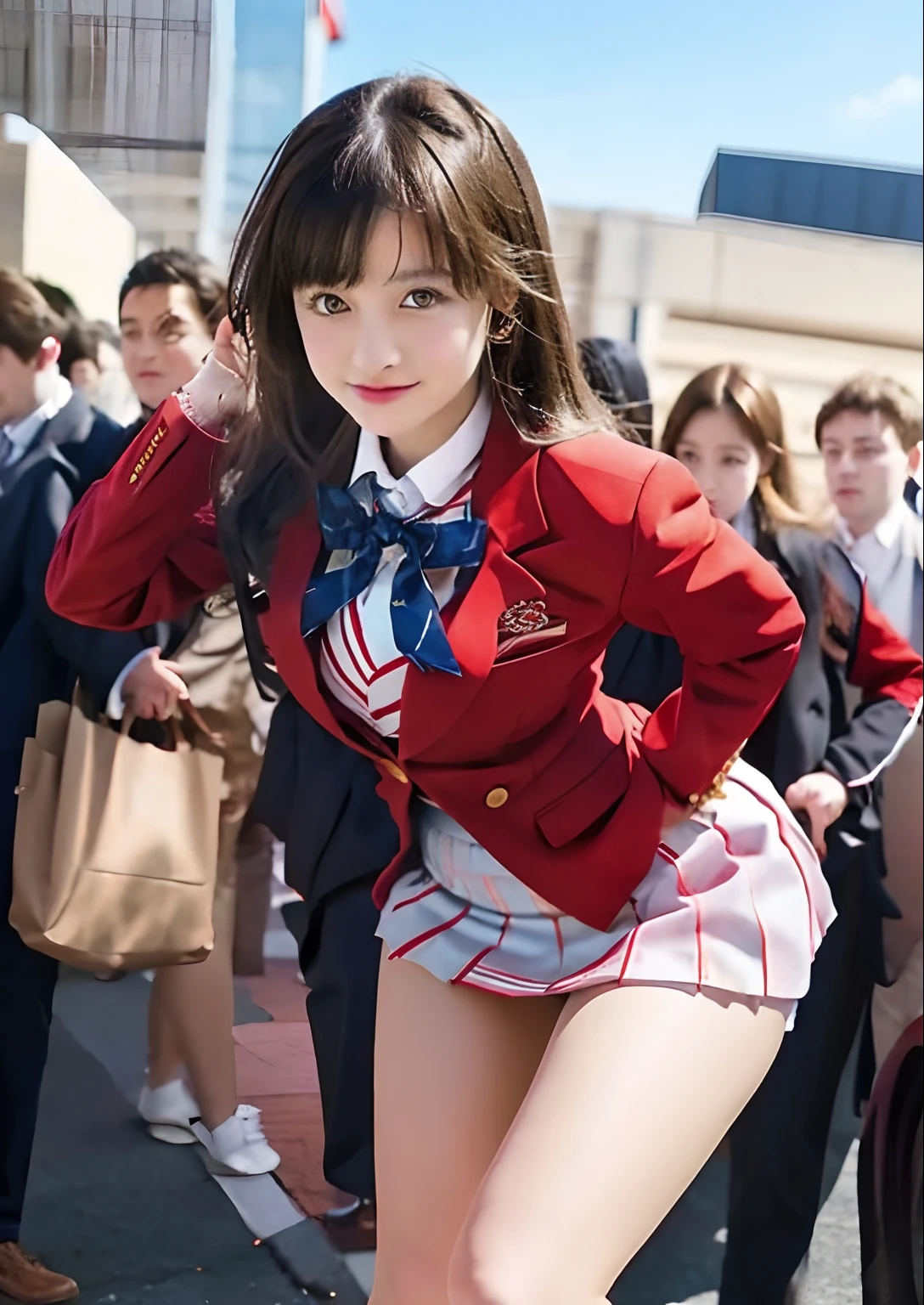 girl in a short skirt and red blazer posing for a picture, a hyperrealistic schoolgirl, seductive girl, hyperrealistic schoolgirl, beautiful high school girl, attractive girl, detailed, ecchi style