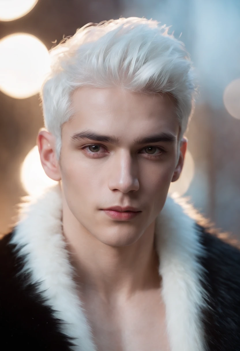 Young man, 20 years old, white hair, shirtless, wearing a black fur coat , reality photo, reality skin, detailed skin, glowing light eyes, Biomechanical, eerie, Creepy, nightmarish, Very bright colors, Light particles, with light glowing, Mshiff, wallpaper art, UHD wallpaper