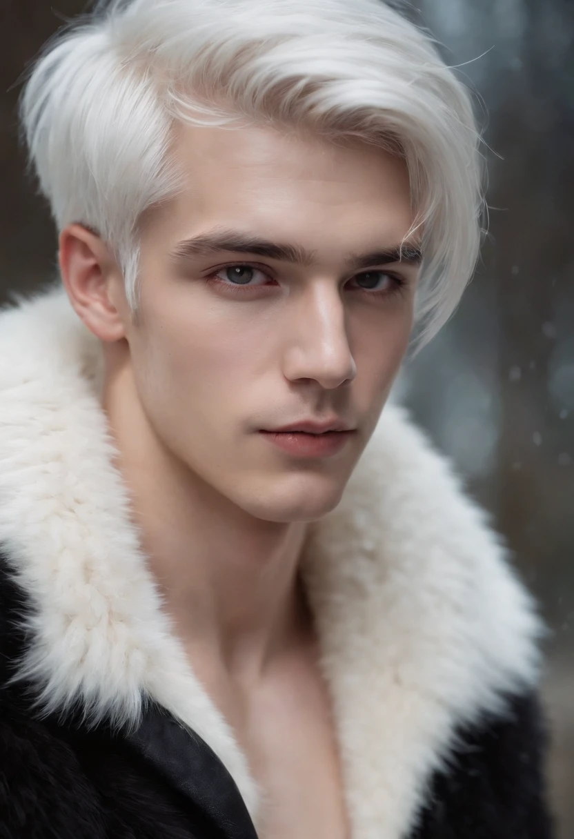 Young man, 20 years old, white hair, shirtless, wearing a black fur coat , reality photo, reality skin, detailed skin, glowing light eyes, Biomechanical, eerie, Creepy, nightmarish, Very bright colors, Light particles, with light glowing, Mshiff, wallpaper art, UHD wallpaper