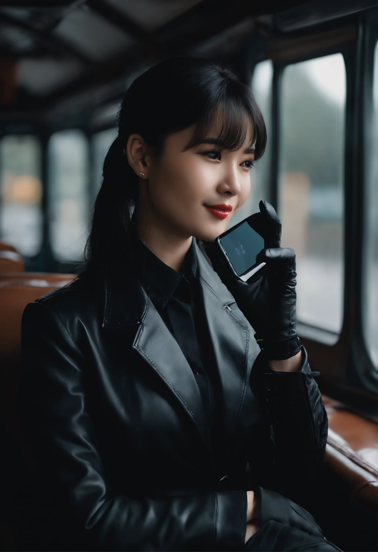 Black leather gloves in both hands, blazer and ribbon uniform, black hair ponytail, upper body, conversation with a smile with a black smartphone, cute Japanese girl (black leather gloves covering both hands) traveling alone