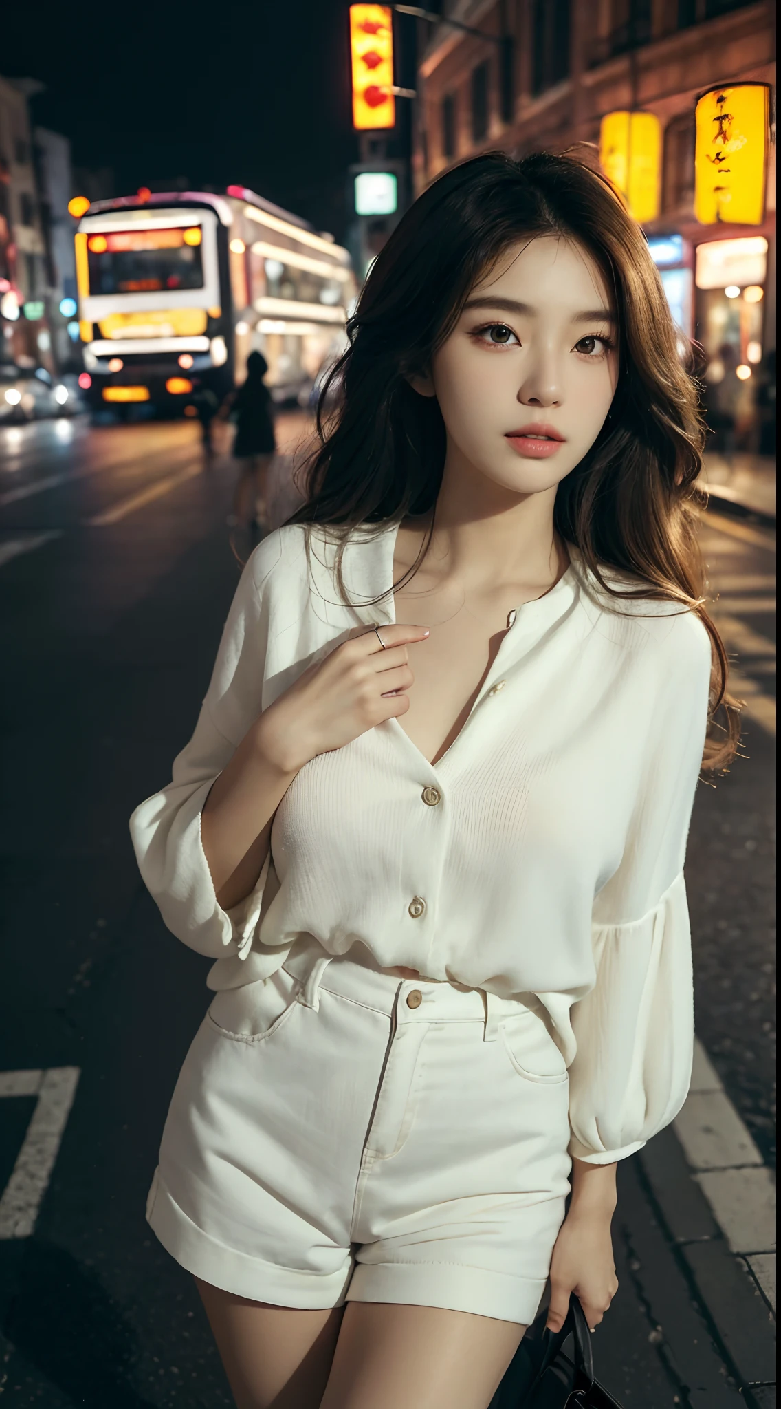 (Best quality,16k,A high resolution,Masterpiece:1.2),Ultra-detailed,(Realistic,Photorealistic,photo-realistic:1.37),Korean fashion beauty,Japanese and Korean beauties,cute and innocent,Detailed eyes and face,beautiful detailed lips,White teeth,Long eyelashes,slimification,fashionable in dressing,Shorts short skirt,Plump upper circumference,Large breasts,(Lovely,Charming:1.1),Colorful street background,Stylish clothes and accessories,The fabric of the clothes is smooth,Portrait style photography,Vivid colors,Street lights.