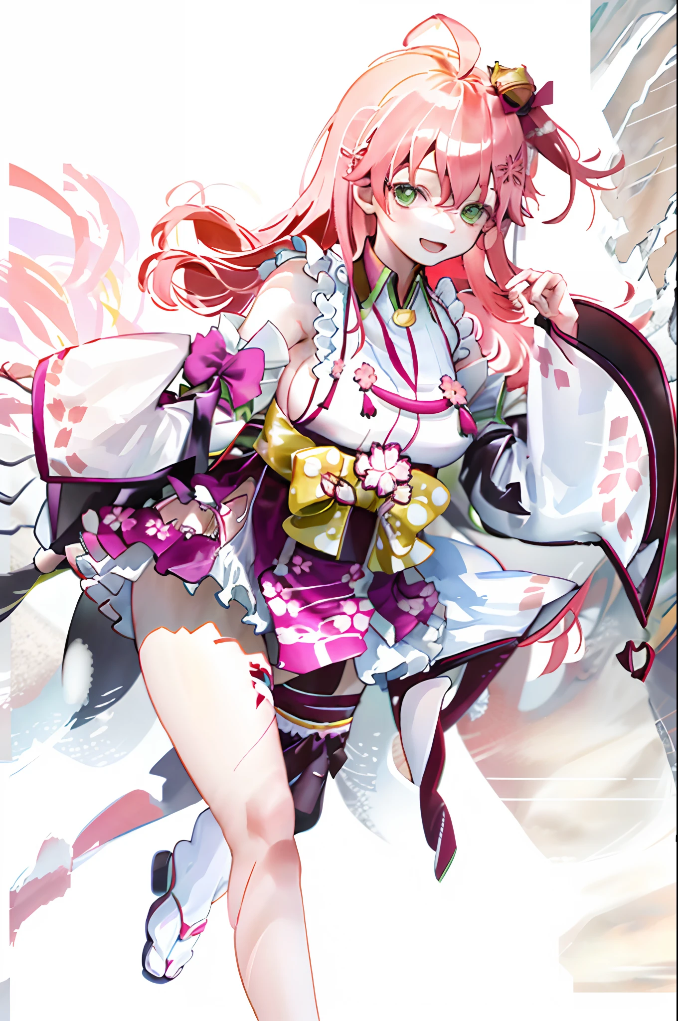 masterpiece, best quality, highres, miko1, sakura_miko, 1girl, green eyes, solo, ahoge, x_hair_ornament, pink_hair, floral print, hairclip,side_less_clothes, (sideboobs:1.4), hair_bell, floral print, long_hair, hair between eyes, one side up, white thighhighs, asymmetrical legwear, wide sleeves, open_mouth,happy,close_eyes, smile,dynamic_posing,rising_leg,plump,apart_legs,(overly_long_sleeves:1.1),(beautiful_fingers),sleeves_past_wrists,hands_hidden_sleeves