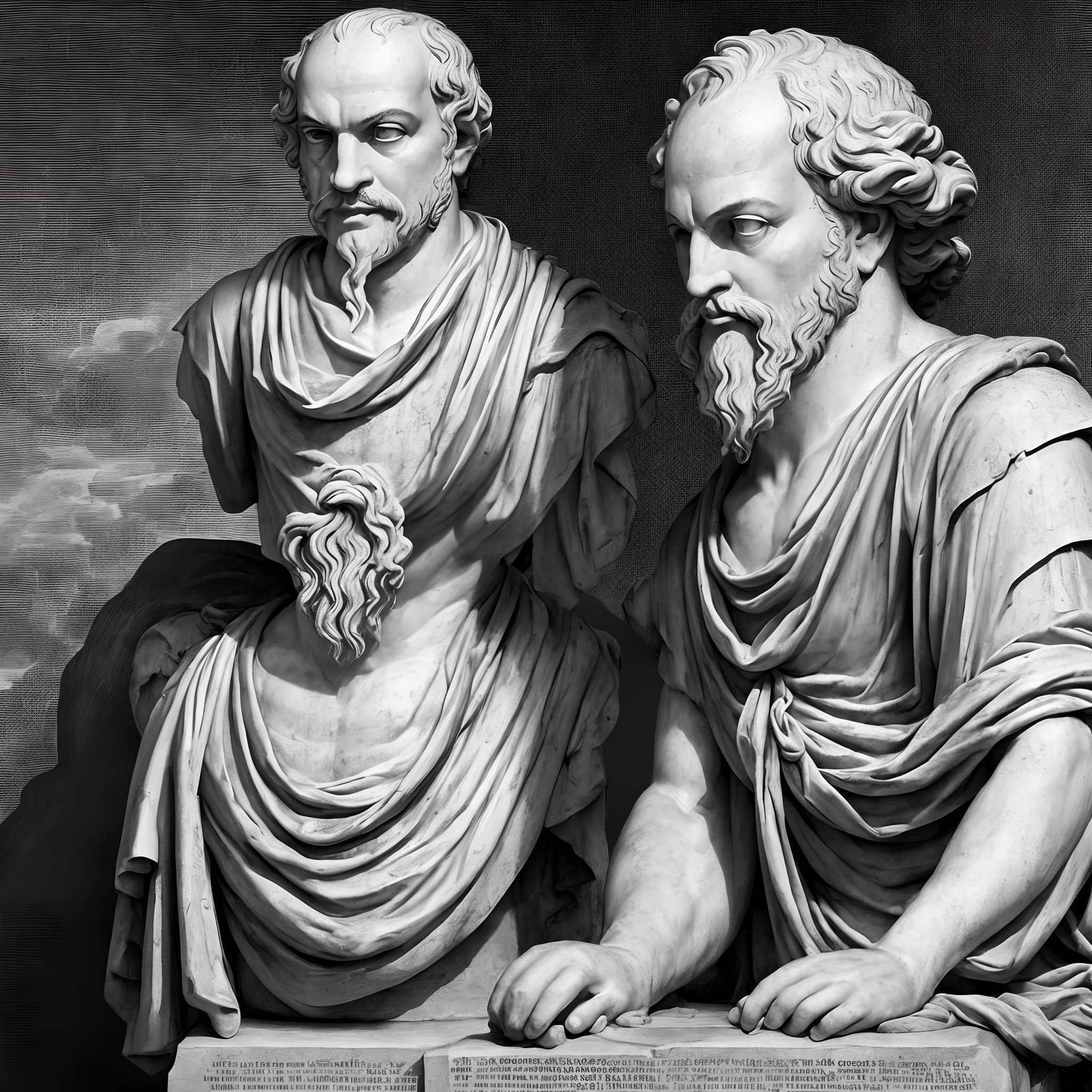 (a sketch of socrates debating with plato) jacked male greek statue, classic greek aesthetic, greek philosopher, black and white, dark, wisdom (8k, RAW photo, best quality, masterpiece: 1.2), (realistic, photorealistic: 1.37),