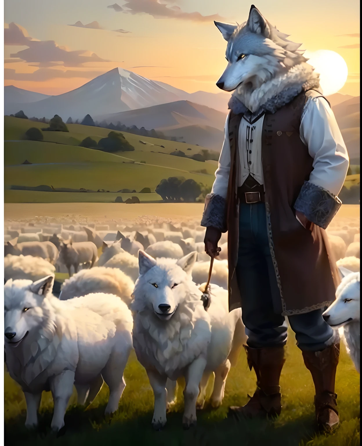 Arafed wolf standing in a field with sheep and a man, montando um lobo prateado gigante, arte de fantasia peluda, anthropomorphic wolf, an anthropomorphic wolf, anthropomorphic wolf male, arte peluda muito bonita, grande lobo, lobo peludo, mystic sheperd, companheiro lobo, um lobo antro, Slavic dog-headed man