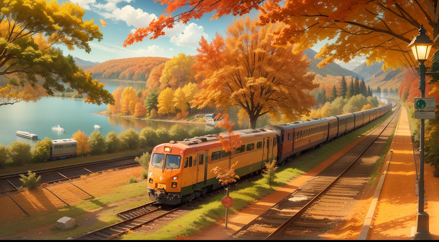 Beautiful view of autumn， Trains run, Passenger trains, Lake and maple leaves, Sunshine,