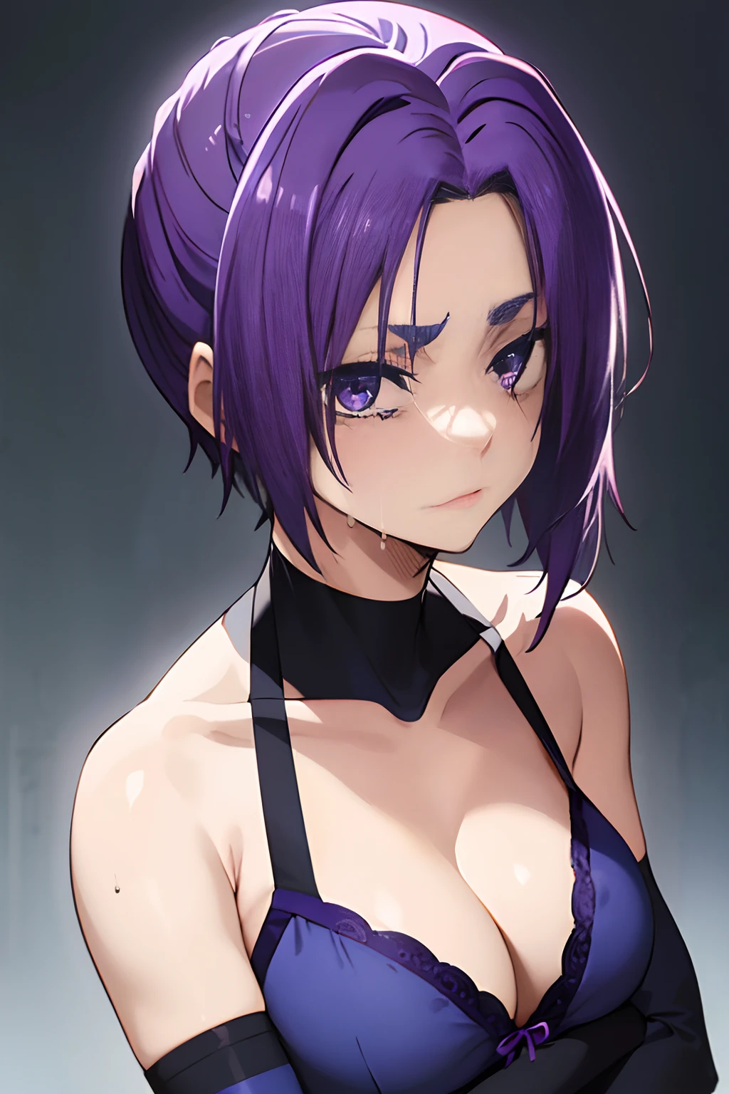 Leo Milège, Blue Lock, Bare shoulders, Camisole, Choker, arm warmer, shoulder-length purple hair, Bandage on the arms, bandaged, Tears, Crying face, Big breasts