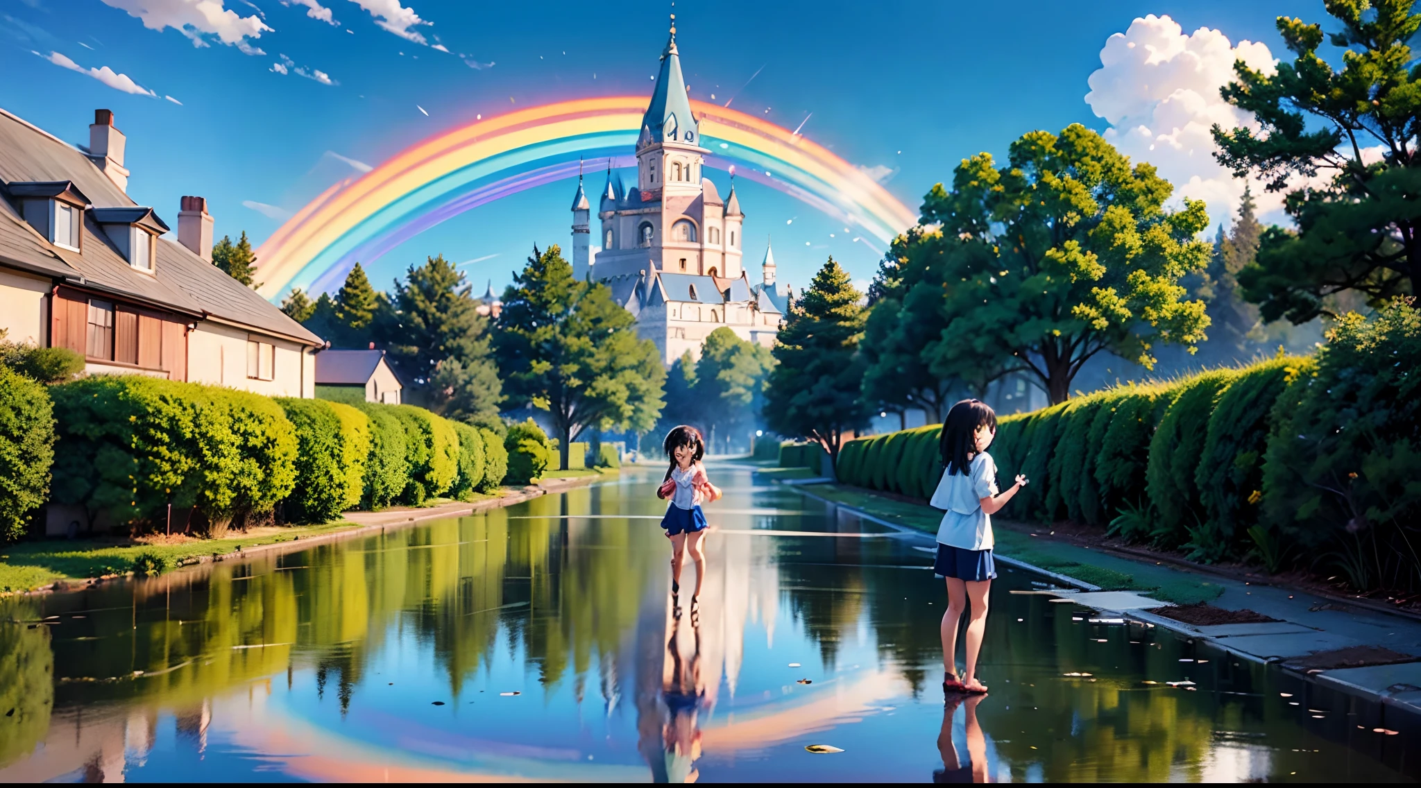 An anime-inspired scene with intricate details where children play happily in a puddle of water. Ensure the highest quality and use HDR, UHD and 64K resolution for a complex composition. Incorporate a vivid, colorful rainbow arcing across the sky. Artists: Hayao Miyazaki, Makoto Shinkai