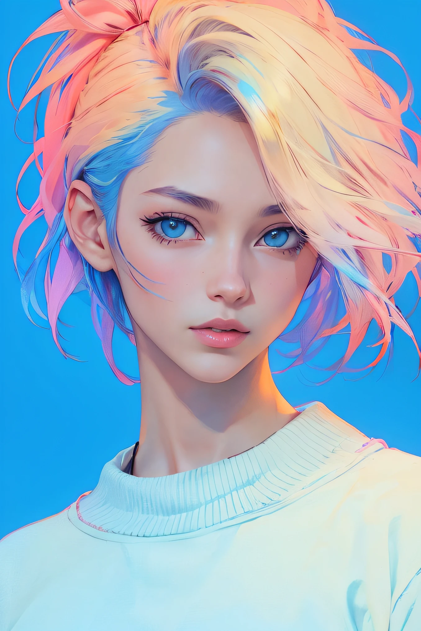 anime ,realistic ,sketch , 1girl, ,lip, Sweater,order, Blue gradient background, Neon hair,Textured crop, Canadian , (masterpiece,best quality,niji style)
Negative prompt: (worst quality, low quality,realistic,illustration, 3d, 2d, painting, cartoons, sketch)
Steps: 40, Size: 768x1152, Seed: 742720333, Model: SDVN7-NijiStyleXL, Version: v1.6.0-78-gd39440bf, Sampler: Euler a, CFG scale: 10, Clip skip: 2, Model hash: 6e0ba74ac1, Style Selector Style: base, Style Selector Enabled: True, Style Selector Randomize: False
