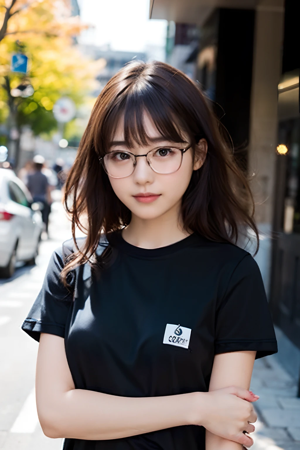 (8K、Raw photography、top-quality、masterpiece:1.2)、(realisitic、Photorealsitic:1.37)、ultra-detailliert、超A high resolution、 1 人、29yo、see the beholder、beautifull detailed face、Smile、Constriction、(Slim waist) :1.3)、Beautiful detailed skin、Skin Texture、well-shaped breasts、Floating hair、Hair bunched into one、(tshirts:1.4)、Professional Lighting、Autumn afternoon、In the street、(((Black square glasses )))、Whole human body、Black hair、((Shameful appearance))、