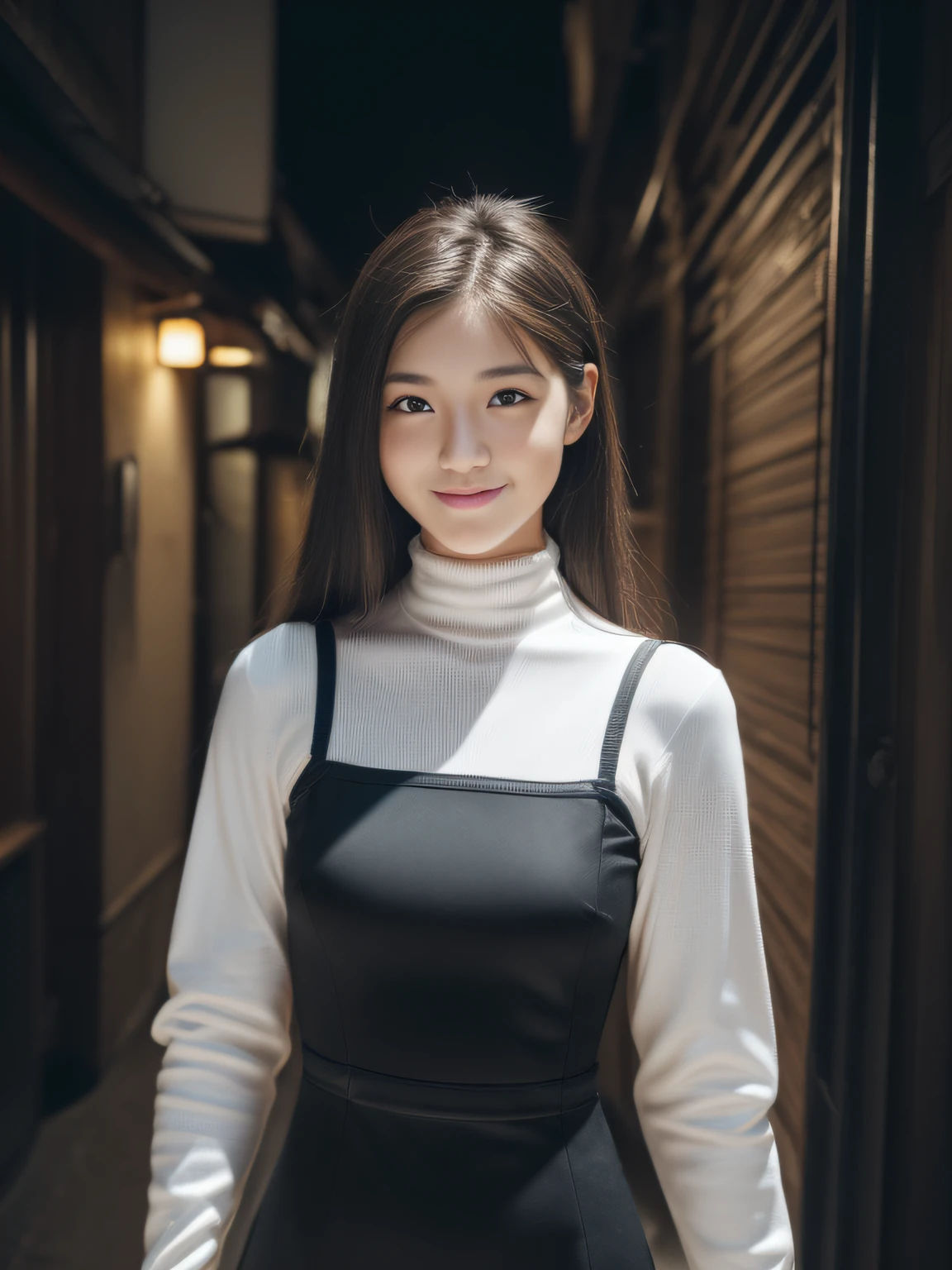 (Raw photo:1.2), (Photorealsitic:1.4), huge filesize, hight resolution, ighly detailed, top-quality, (​masterpiece:1.6),(Hyper-realistic: 1.4), ighly detailed, nffsw, finely detail, top-quality, 8k wallpaper,People with Japan,((Girl with clear white skin)),17 age、((Full body:1.2))、((Muscle Girl:1.2, Giant physique:1.3, thick neck:1.3, Sculpted muscular arms:1.4,thick and strong arms:1.6, Sculpted muscular arms:1.4,thick and powerful legs:1.5))、((large full breasts:1.4)),((Lori face:1.4))、Narrow eyes, cute  face, Narrow eyes,((A smile))、((Straight hair、One-length))、((((Long Sleeve Black Body Con Dress:1.3))))、((Stand at the end of a narrow alley in the middle of the night、A big city lined with signs of Western-style izakaya illuminated by neon lights))、 (Realistic:1.3), (Smooth lighting:1.05), (Improved cinematic lighting:0.9), Realistic lighting, Backlight, Face Light, raytrace, (Whitening light:1.2), ( Top quality real skins:1.4),  (Body Line Mood Increase:1.1),  (Skin Texture Enhancement Beauty:1.1),