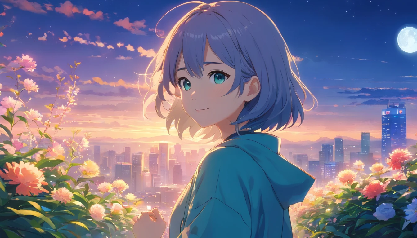 Best quality at best,tmasterpiece,The is very detailed,Face details,8K, detailed back ground,1girll,Face away from the camera,Silver hair,eBlue eyes,,long whitr hair,wavey hair,voluminous hair,,,Blushlush,ssmile,Shawl,Chinese city,Chinese service,the night,themoon,scenecy,high place,horizon,ventania,wind blown,flowerbed,