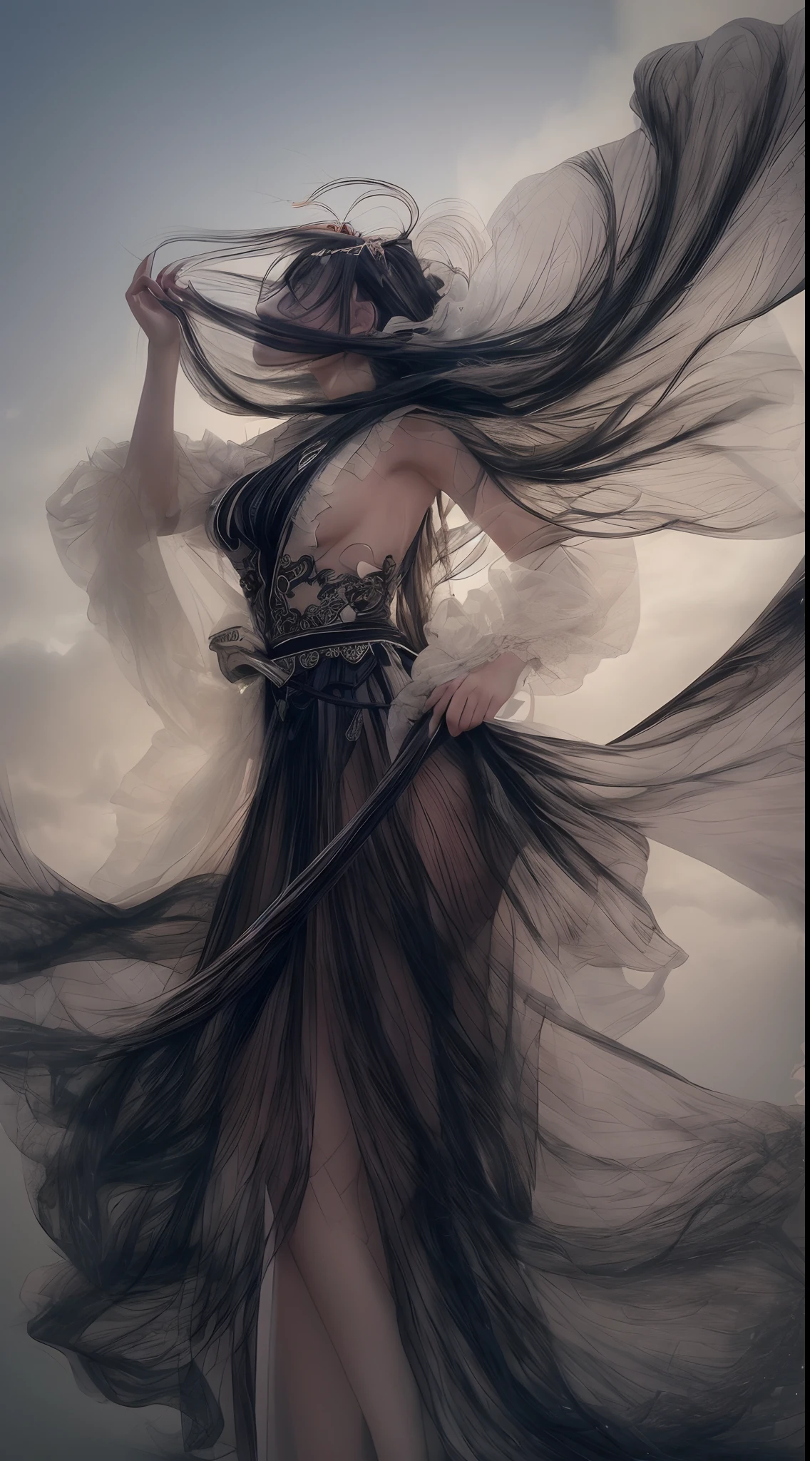 (Best quality,4K,A high resolution,Masterpiece:1.2), Ultra-detailed, Realistic, Black and white hanfu with black embroidery, Elegant white ponytail, long and flowing hair, White mask, A mask fluttering in the wind, Fringed Hair Ornament, Peony flower, Ancient style, oversized sleeves, Dynamic posing, Dramatic composition, Falling petals, red waistband, intricate background, Ancient architecture, A thin mist and thick clouds, Swirling clouds, Cinematic lighting, Complex feather background.