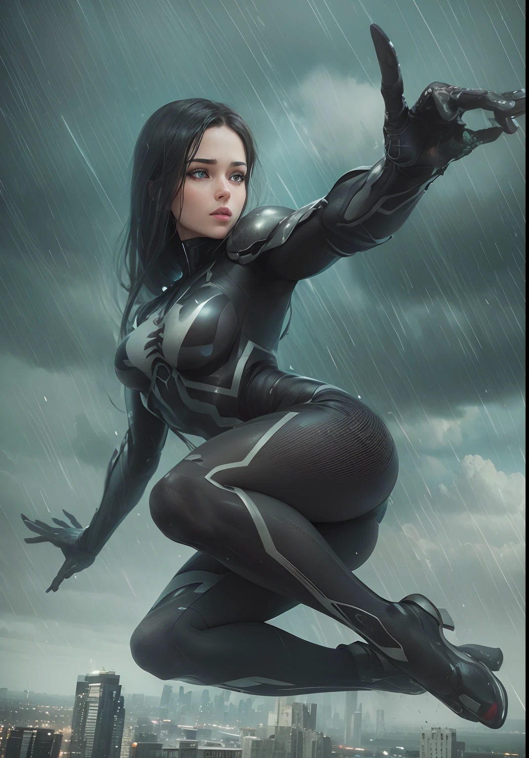(1girll:1.3), Solo, (((Very detailed face)))), ((Very detailed eyes and face)))), Beautiful detail eyes, Body parts__, offcial art, Unified 8k wallpaper, Super detailed, Beautiful and beautiful, Beautiful, Masterpiece, Best quality, Original, Masterpiece, ultra fine photos, Best quality, Super high resolution, Realistic realism, Sunlight, Full body portrait, Amazing beauty, Dynamic pose, Delicate face, Vibrant eyes, (From the front), She wears a Spider-Man black suit, Black and white color scheme, spider, Very detailed city roof background, Rooftop, Overlooking the city, Detailed face, detailed complex busy background, Messy, Gorgeous, Milky white, Highly detailed skin, Realistic skin details, Visible pores, Clear focus, volume fog, 8K UHD, Digital SLR, High quality, filmgrain, Fair skin, Photo realism, DL, futuristic dystopian megalopolis, Translucent