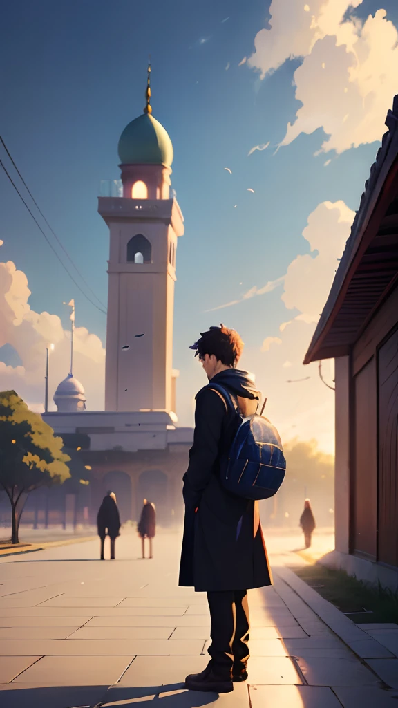 anime - style image of a collage man standing in front of a mosque in the background, facing the background, makoto shinkai cyril rolando, beautiful anime scene, kimi no nawa, close up photo