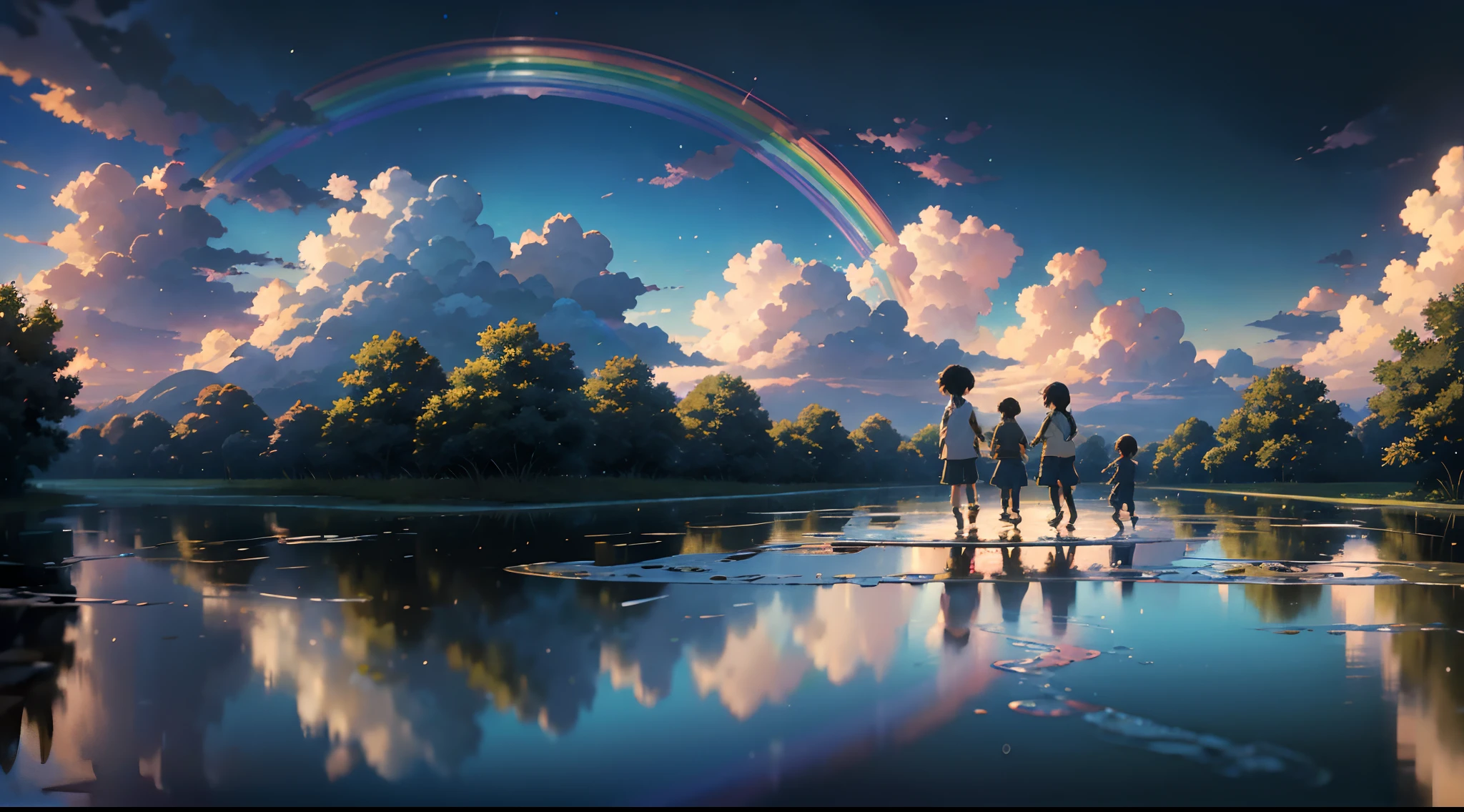 An anime-inspired scene with intricate details where children play happily in a puddle of water. Ensure the highest quality and use HDR, UHD and 64K resolution for a complex composition. Incorporate a vivid, colorful rainbow arcing across the sky. Artists: Hayao Miyazaki, Makoto Shinkai