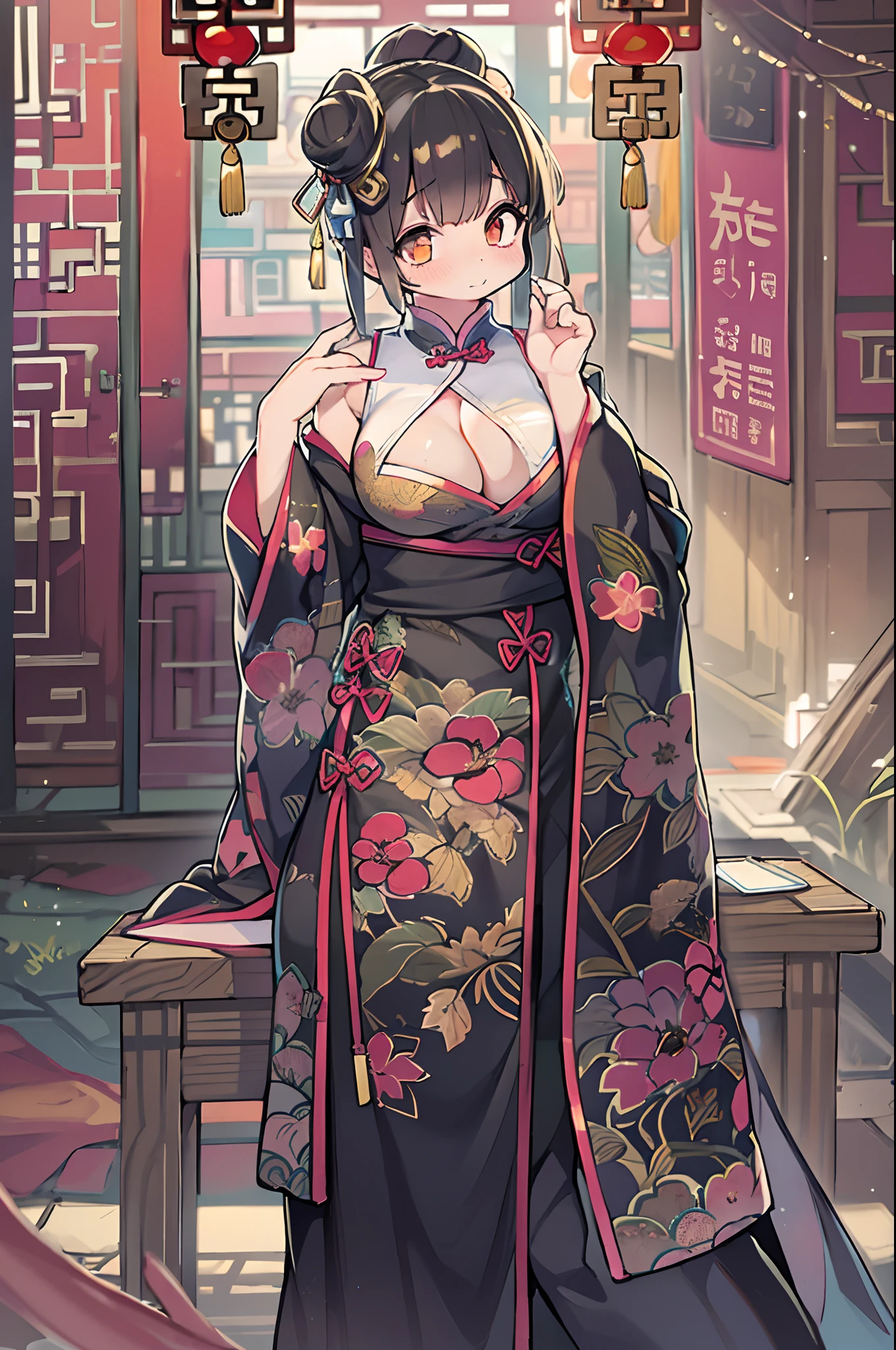 Best Quality, masutepiece, hight resolution,1girl in, china hanfu,Background of Chinese Architect,Chinese Bang Black Shorthair,Bun cover,qipao dress, long-one-piece dress,Tight mini skirt, Gold Decoration Dresses, Sleeveless, super detailed dress,cleavage, cleavage cutout, Clothes Cutout,