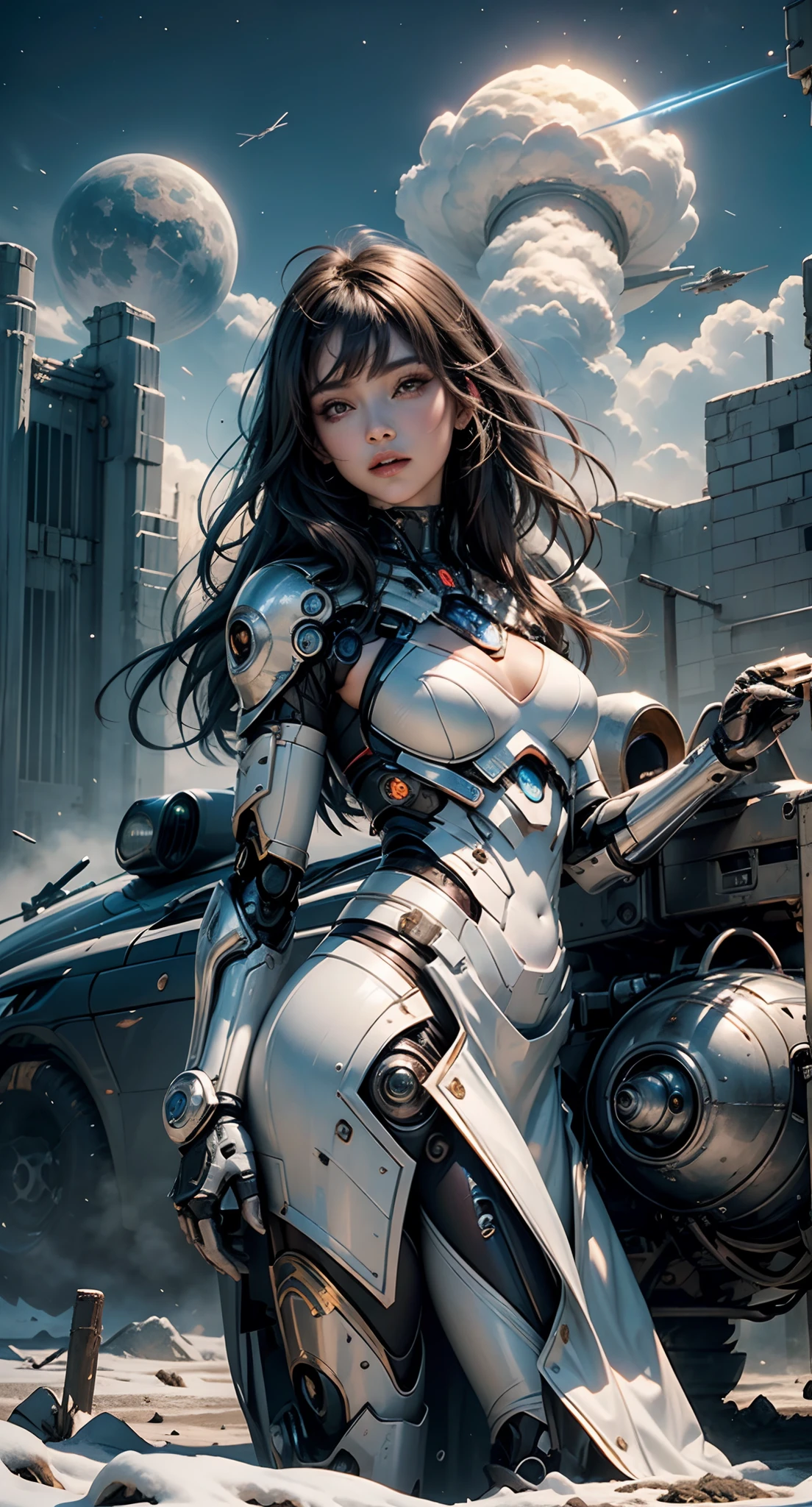 realistic visual effects，attractive beautiful，dramatic contrast，Gentle lighting，Delicate warmth，the soft light，hyper HD，
Extremely colorful，best qualityer，perfect female shape，HighDynamicRange，long eyelasher，Unbeatable masterpiece，Snow-whiteskin，putting makeup on，
Sexy goddess，Large metal mechanical gears，Strange sky，8K high quality，A pair of big eyes are beautiful and moving，White skin，Makeup，Sexy outfit，
【Background with】Large gold gears，Doomsday ruins，Giant tornado，The setting sun burns the clouds，Multiple planets，The end of the world，Multiple planets，Mards，Jupiter，Lightning Thunder，
Mercury，Strange sky，Giant tornado，Blue light，salama，Large flying machines，Cool car，Time Tunnel，Nuclear power plants，Futuristic car，Cool headlights