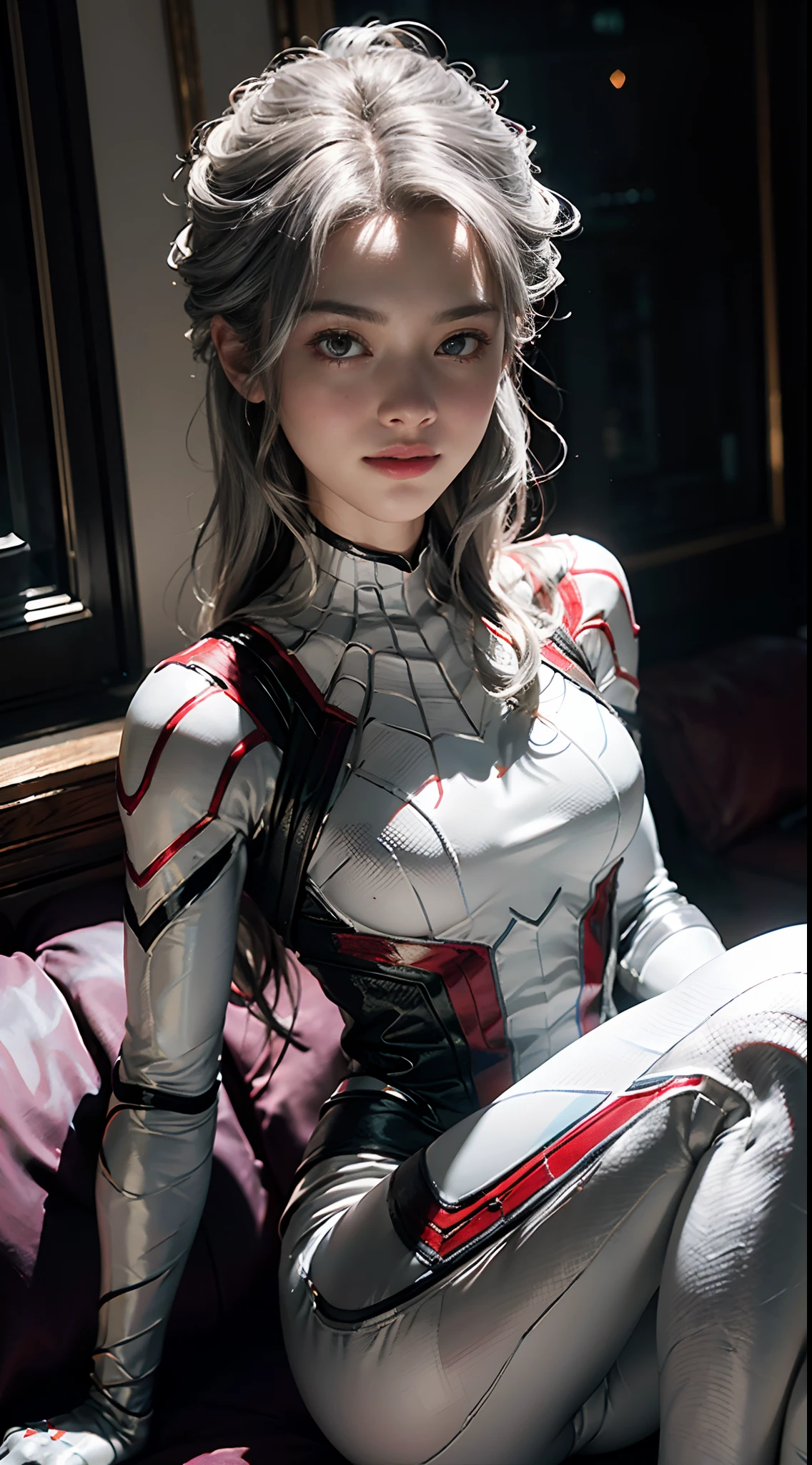 (Extreme Detail CG Unity 8K wallpaper, masterpiece, highest quality), (Exquisite lighting and shadow, highly dramatic picture, Cinematic lens effect), a girl in a white Spider-Man costume, silver gray hair color, from the Spider-Man parallel universe, Wenger, Marvel, Spider-Man, sitting on the couch, dynamic pose), (excellent detail, excellent lighting, wide angle), (excellent rendering, enough to stand out in its class), focus on white Spider-Man costumes, complex spider textures