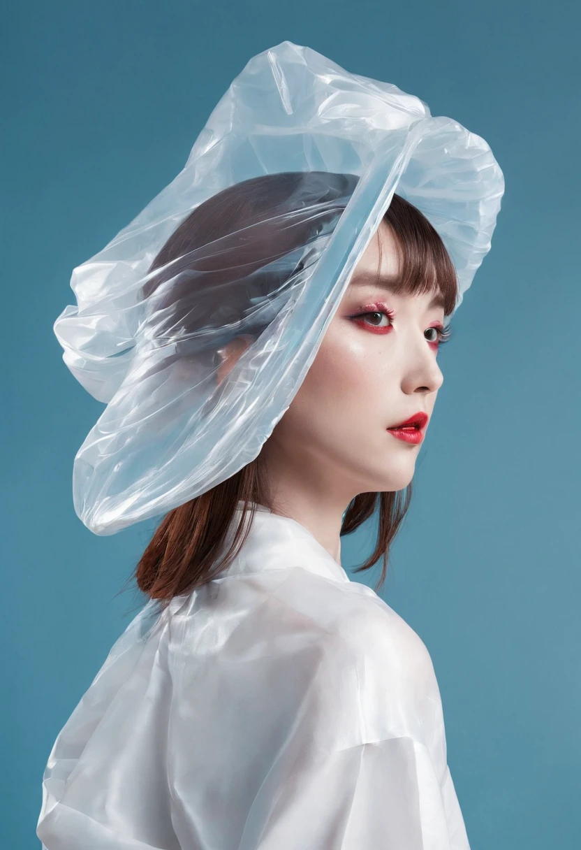 editorial fashion, japanese woman, weird hairstyle, model, covered plastic bag, plastic bag, plastic, striking pose, surrealism, harsh lighting, perfect composition, symmetry, detailed, plastic hat, vibrant background