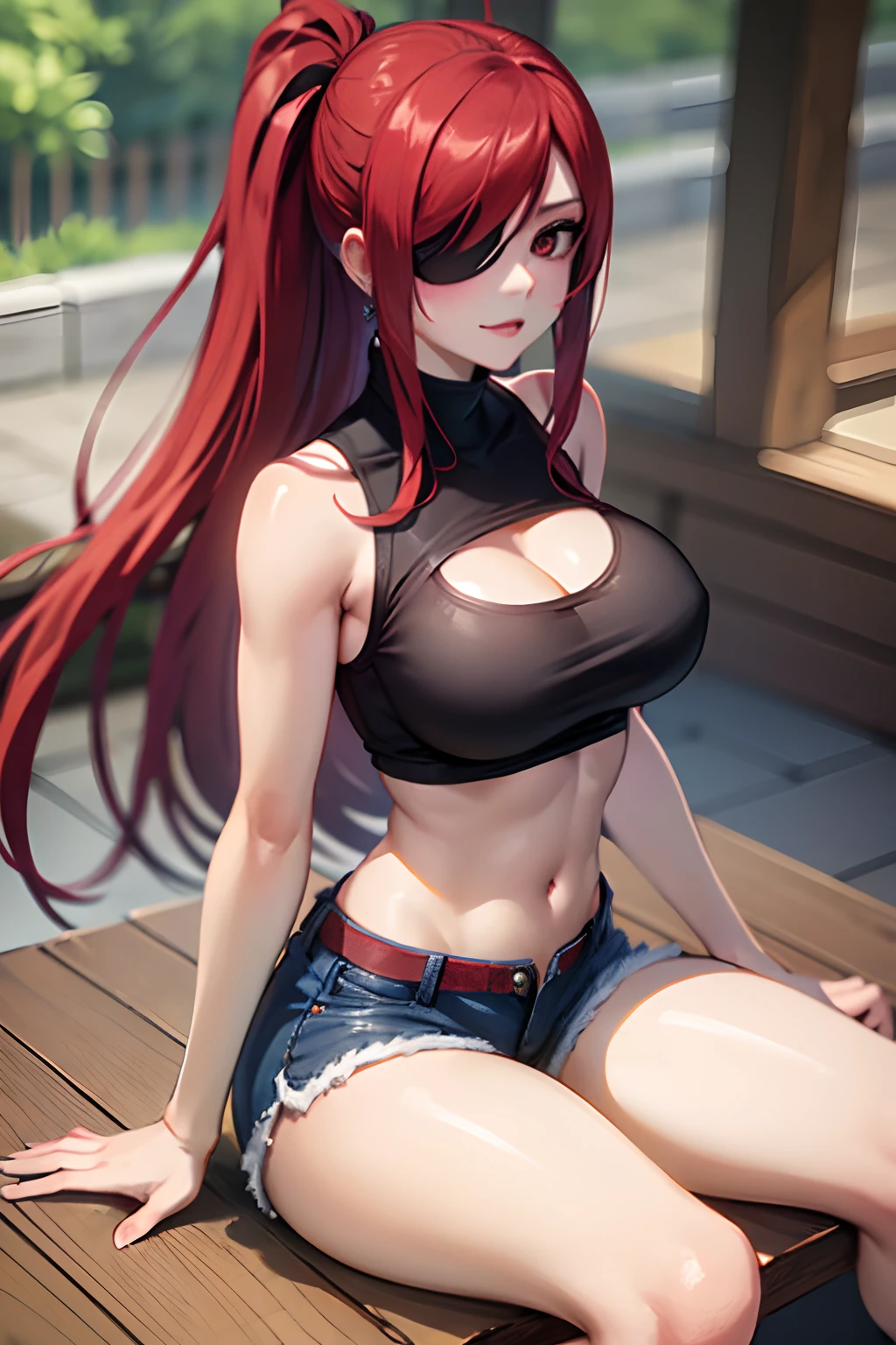 1girl, solo, erza scarlet, fairy tail, red hair, jeanshorts outfit, without accesoris, red eyes, breasts, boob, long hair,  cleavage, hair over one eye, large breasts, midriff, looking at viewer, full body, 4k wallpaper, HD wallpaper, 4k art, ((sit on table with thighs slightly straddle)), (radiant face), (very tight clothes),