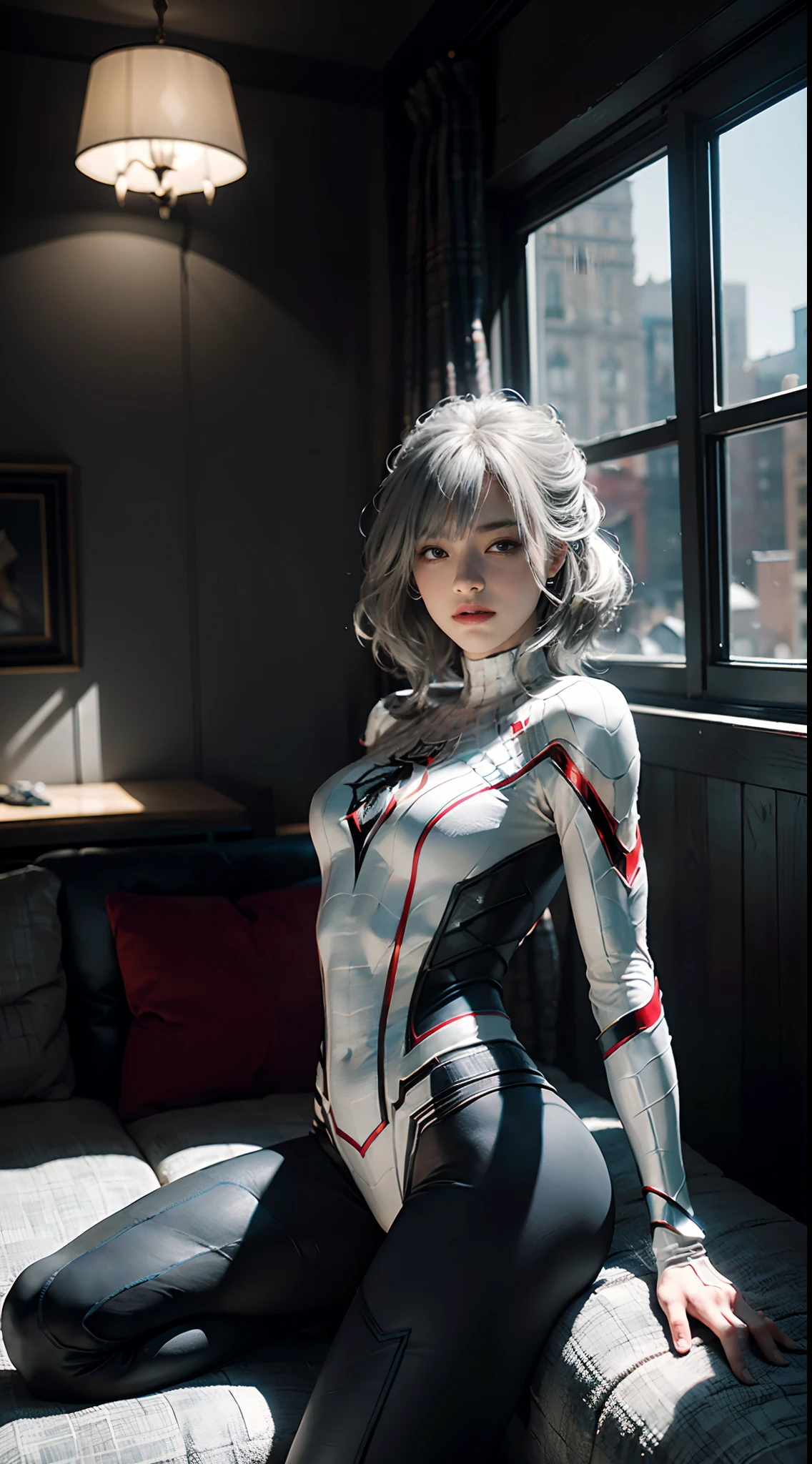 (Extreme Detail CG Unity 8K wallpaper, masterpiece, highest quality), (Exquisite lighting and shadow, highly dramatic picture, Cinematic lens effect), a girl in a white Spider-Man costume, silver gray hair color, from the Spider-Man parallel universe, Wenger, Marvel, Spider-Man, sitting on the couch, dynamic pose), (excellent detail, excellent lighting, wide angle), (excellent rendering, enough to stand out in its class), focus on white Spider-Man costumes, complex spider textures
