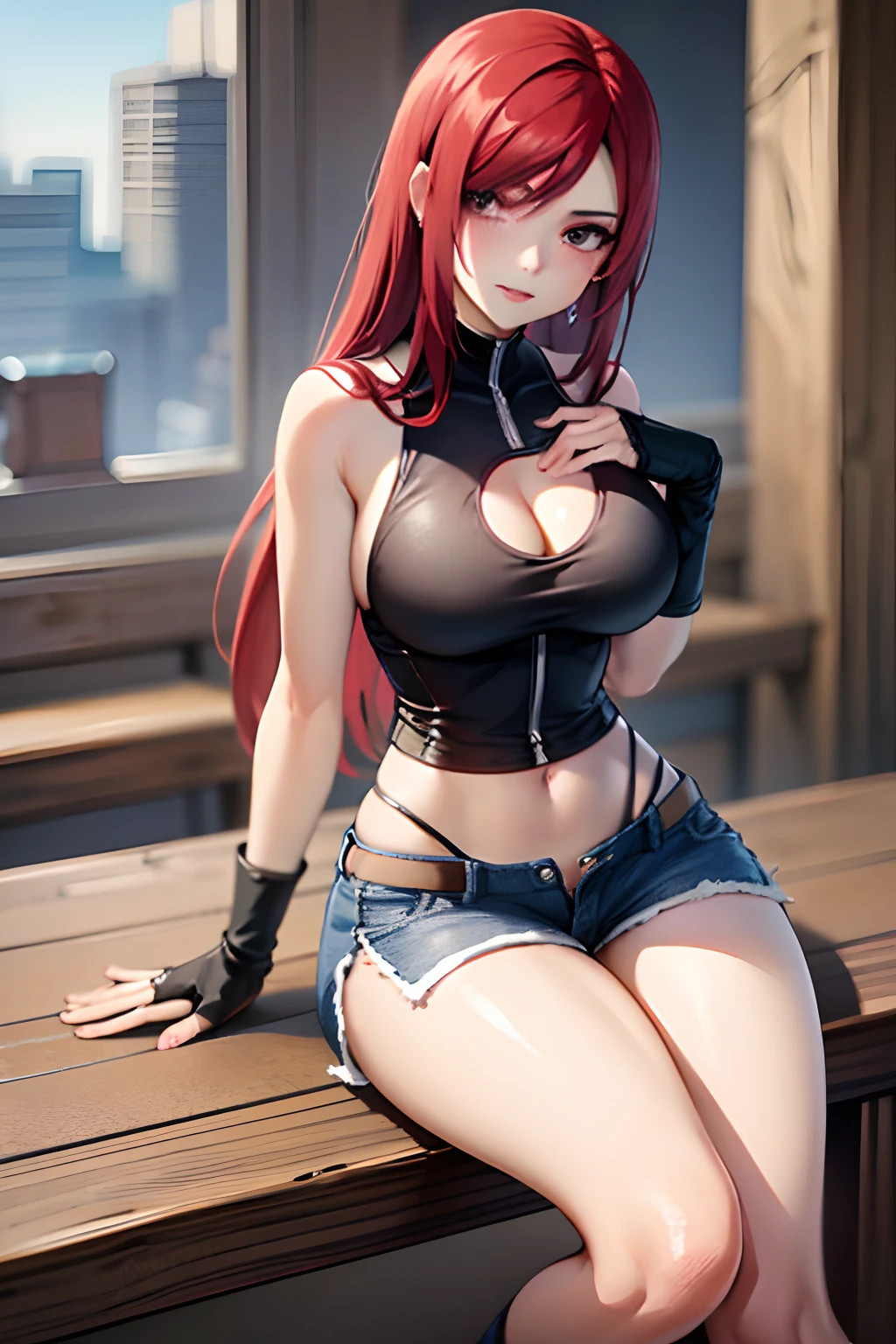 1girl, solo, erza scarlet, fairy tail, red hair, jeanshorts outfit, without accesoris, red eyes, breasts, boob, long hair,  cleavage, hair over one eye, large breasts, midriff, looking at viewer, full body, 4k wallpaper, HD wallpaper, 4k art, ((sit on table with thighs slightly straddle)), (radiant face), (very tight clothes),