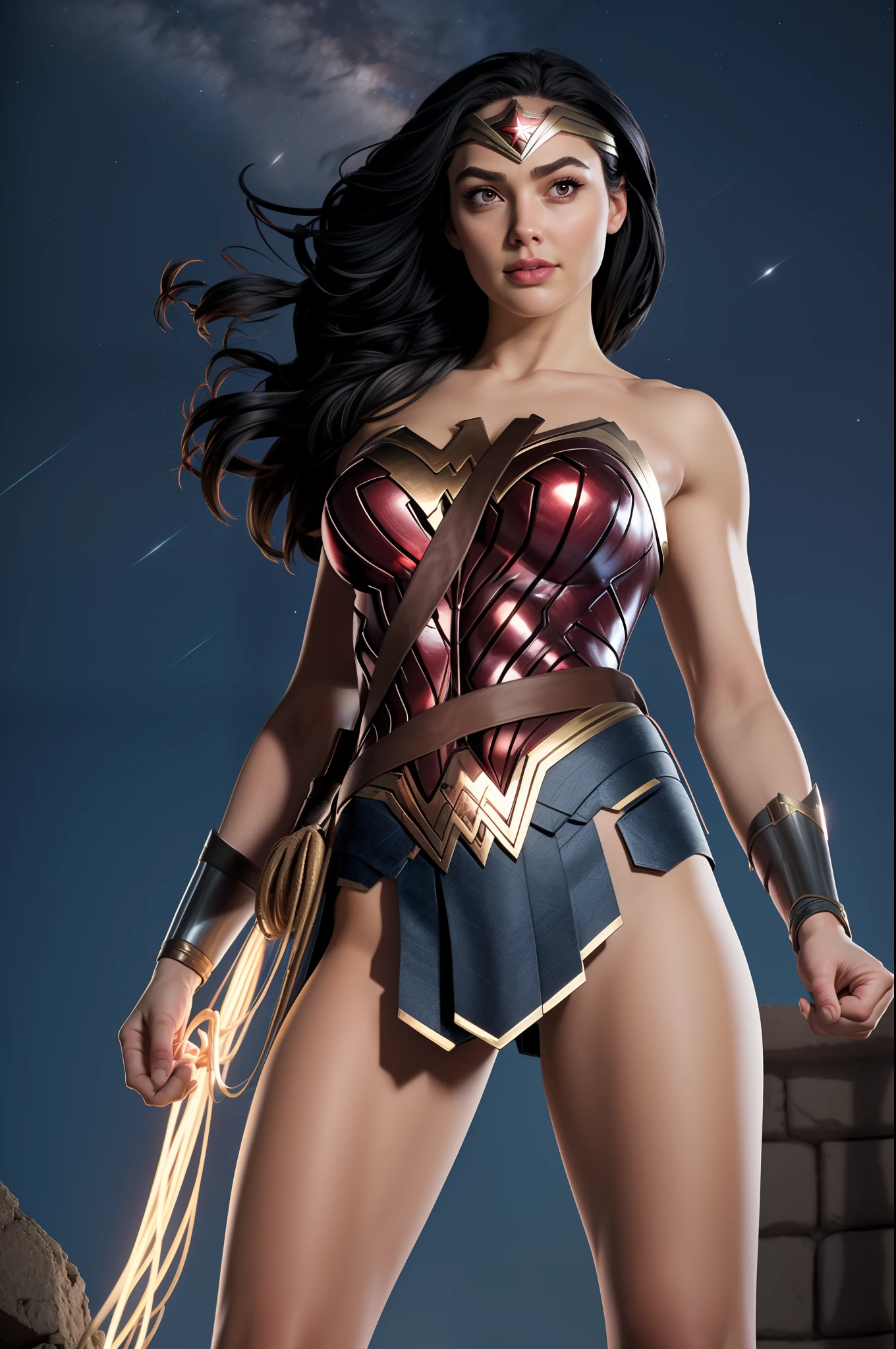 Wonder woman, Portrait photo by Altgarm, realism style, Glowing skin, Cartoon hero, Defined lips, Strong physical strength, Feminine body, Full body, viewer, Depth of field f/1.8, natta, ultra wide lens, ((Shooting from below)), (large udder:1.2), Ancient Greece, Stars in the night sky,