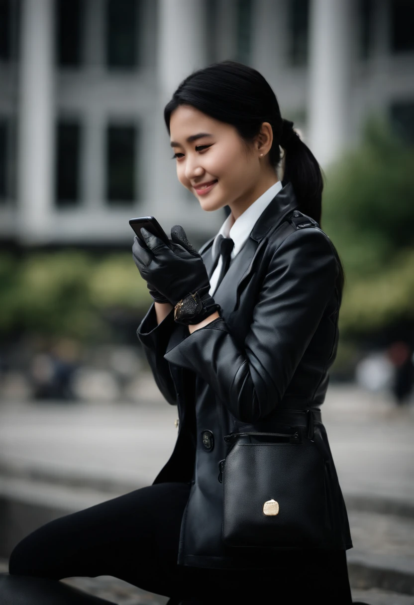 Black leather gloves in both hands, blazer and ribbon uniform, black hair ponytail, upper body, conversation with a smile with a black smartphone, cute Japanese girl (black leather gloves covering both hands) traveling alone