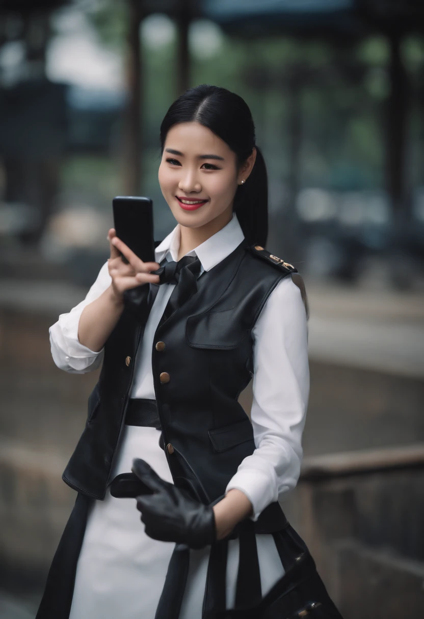 Black leather gloves in both hands, blazer and ribbon uniform, black hair ponytail, upper body, conversation with a smile with a black smartphone, cute Japanese girl (black leather gloves covering both hands) traveling alone