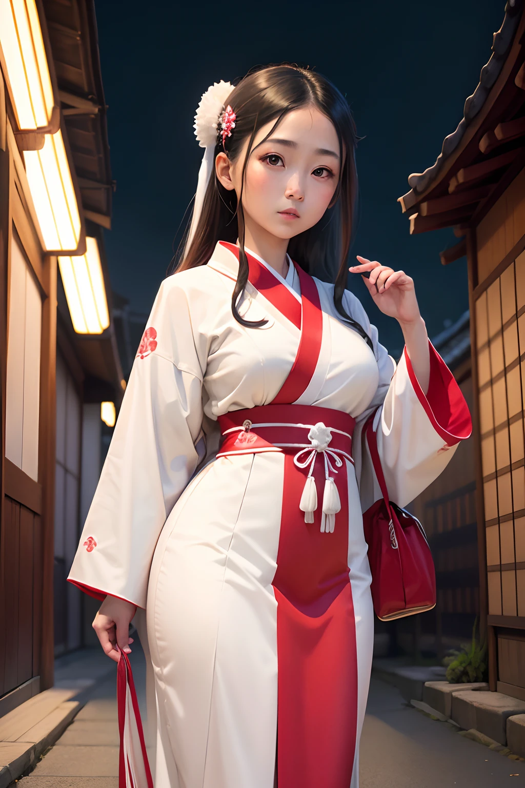 una chica hermosa, sacerdotisa japonesa, Dressed in typical white and red Shinto Japanese priestly costume, ojos negros, con mirada firme y compasiva, manos cubiertas, pelo largo negro recogido con una coleta elegante, paisaje nocturno, templo sintoista