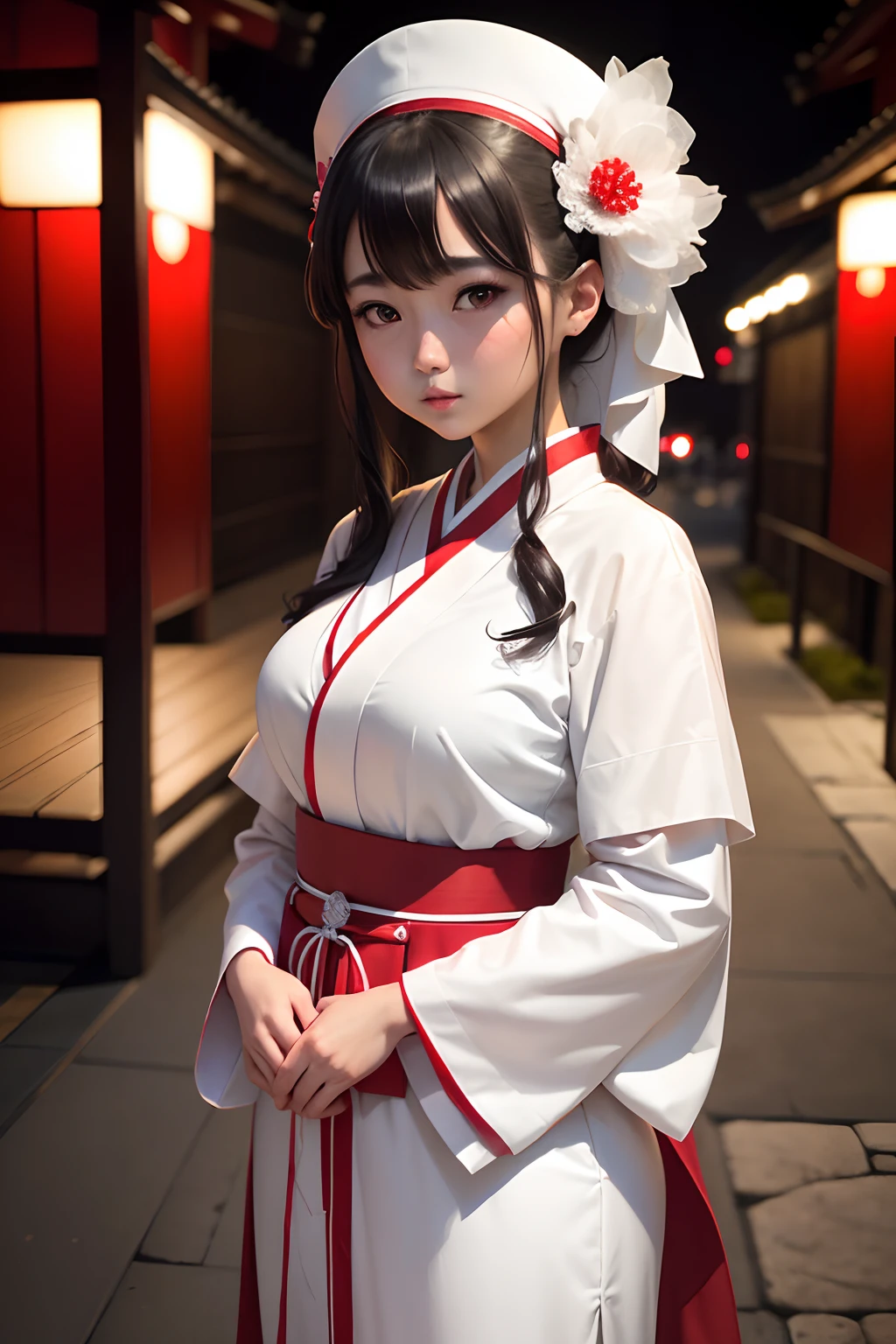 una chica hermosa, sacerdotisa japonesa, Dressed in typical white and red Shinto Japanese priestly costume, ojos negros, con mirada firme y compasiva, manos cubiertas, pelo largo negro recogido con una coleta elegante, paisaje nocturno, templo sintoista
